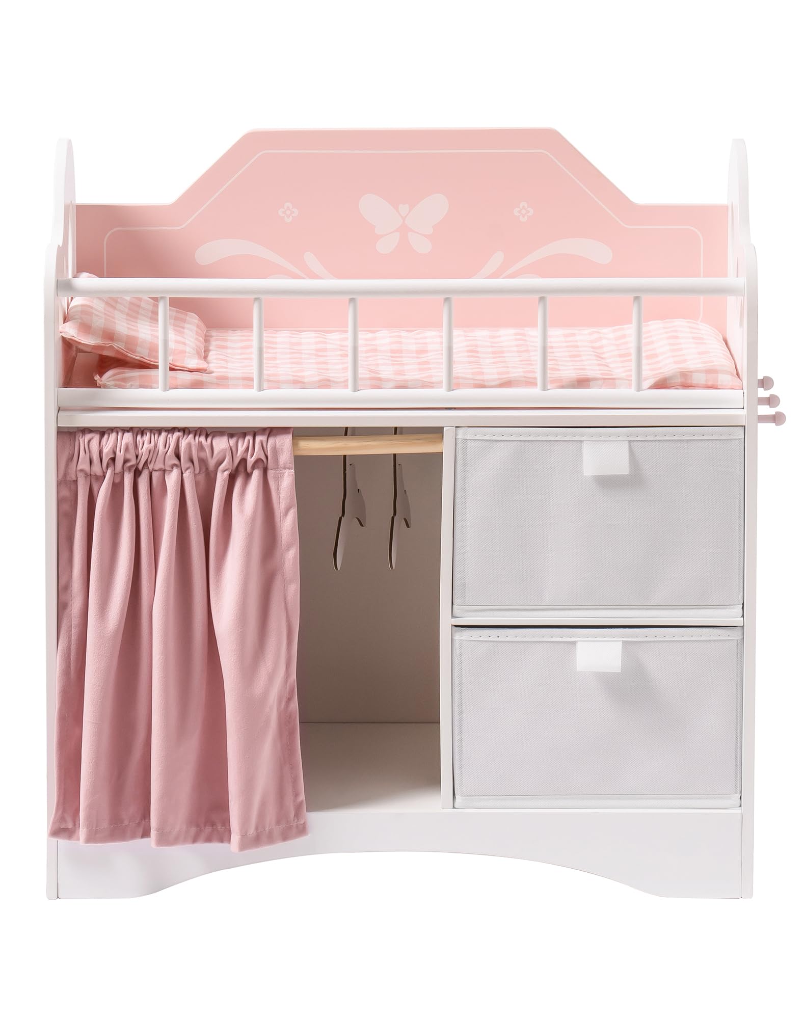 ROBOTIME Pink Wooden Doll Crib with Storage & Bedding - 21
