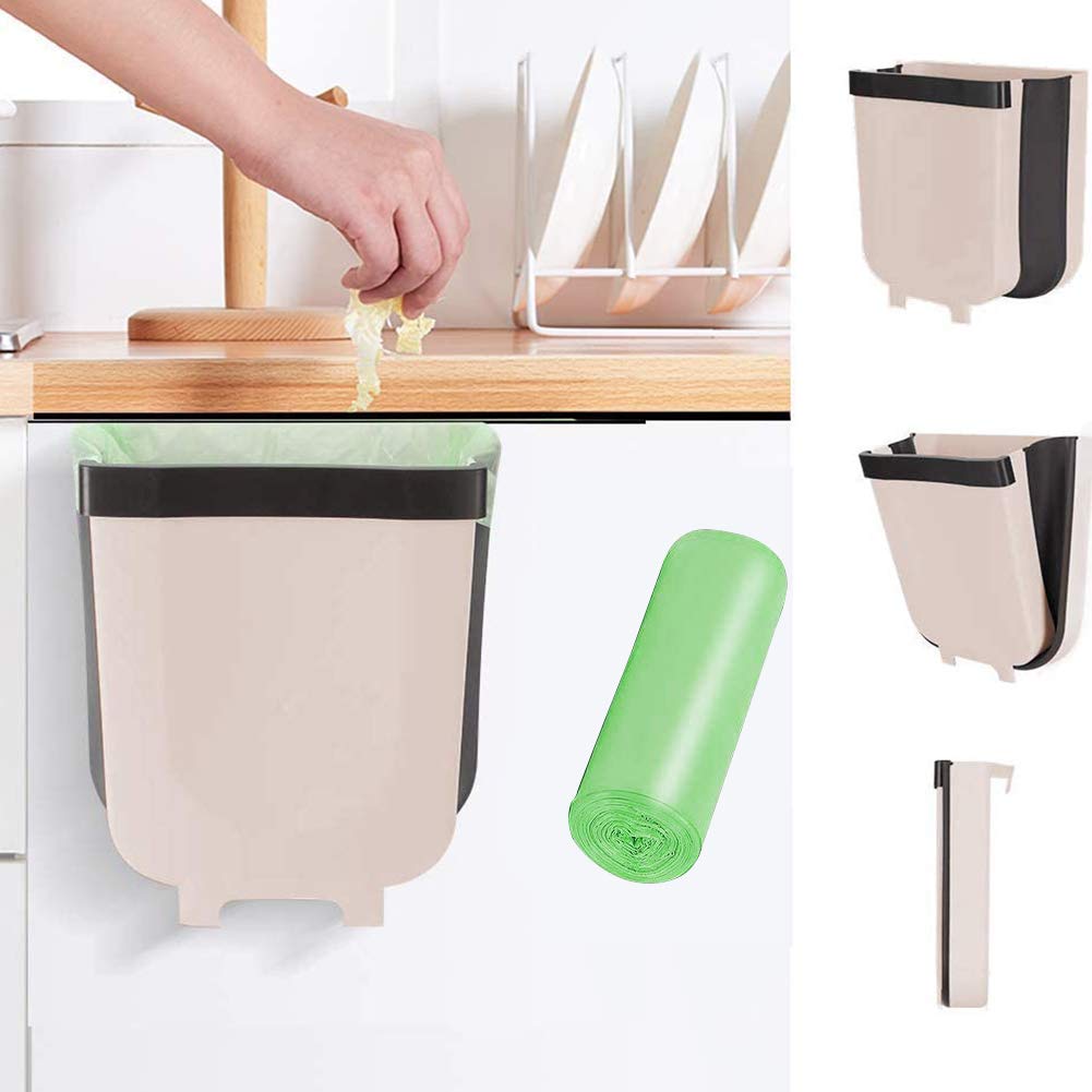 Foldable Hanging Trash Can for Kitchen Cabinet Door - 9L/2.4 Gallon Collapsible Garbage Bin with Bags - Space Saving for Small Kitchens, Bedroom, Office & Outdoor Use - Portable Waste Holder (Coffee)