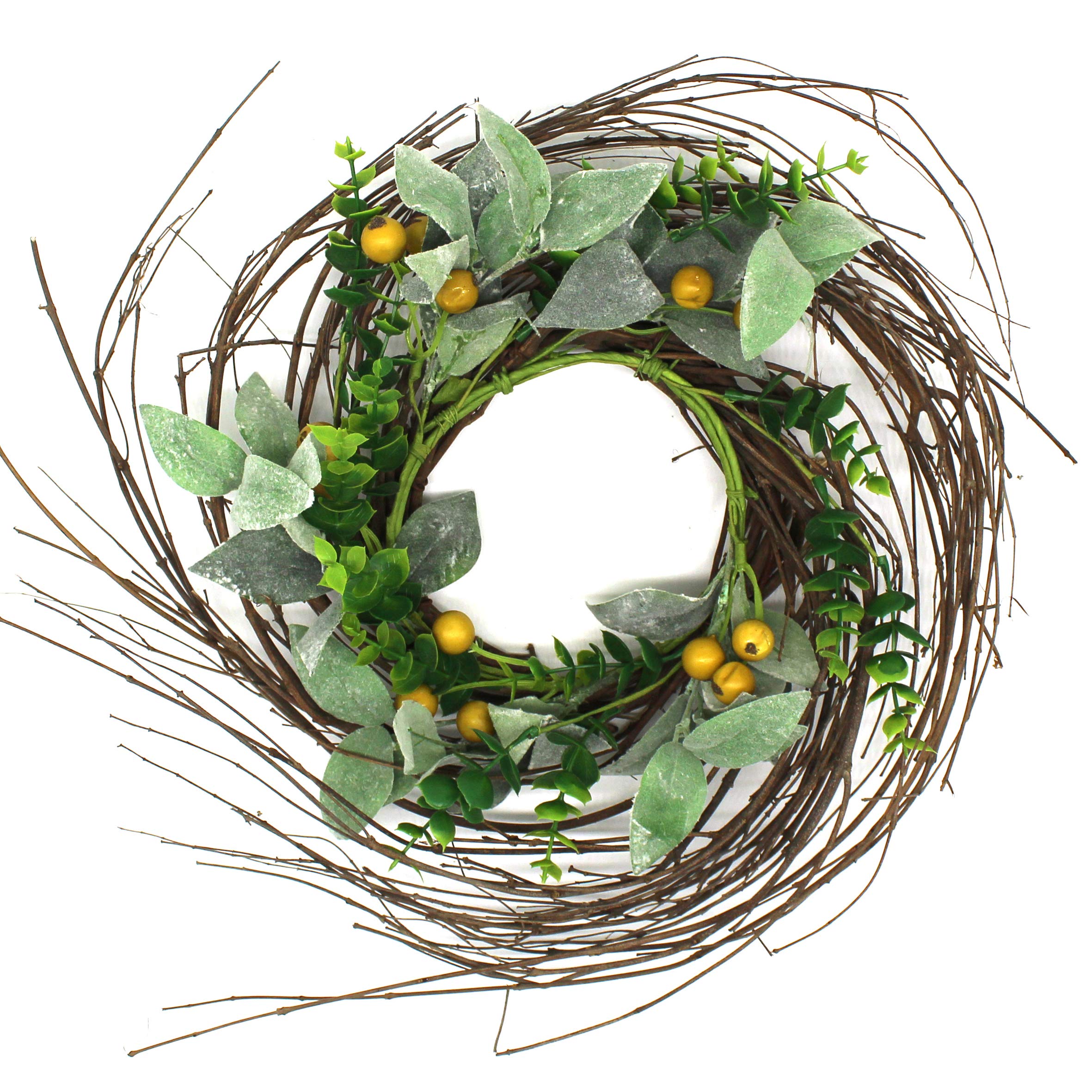CVHOMEDECO Rustic Country Artificial Lambs Ear Boxwood Twig Wreath - 14 Inch Year Round Green Wreath for Indoor Outdoor Decor - Perfect for Front Door, Fireplace Mantel & Seasonal Home Decorations