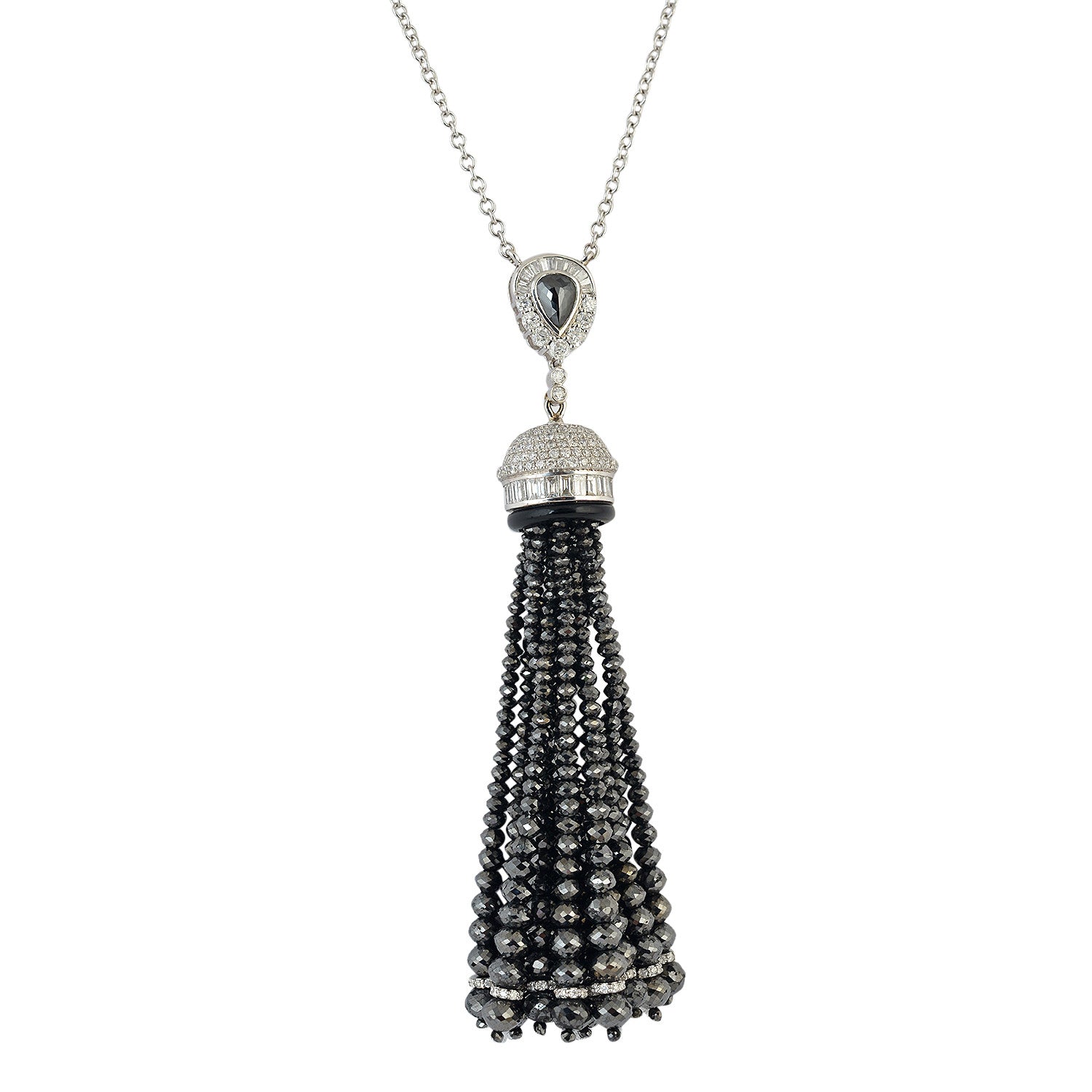 Black Onyx Diamond Faceted Beads Tassel Matinee Necklace in White Gold - Elegant Evening Wear & Special Occasion Jewelry
