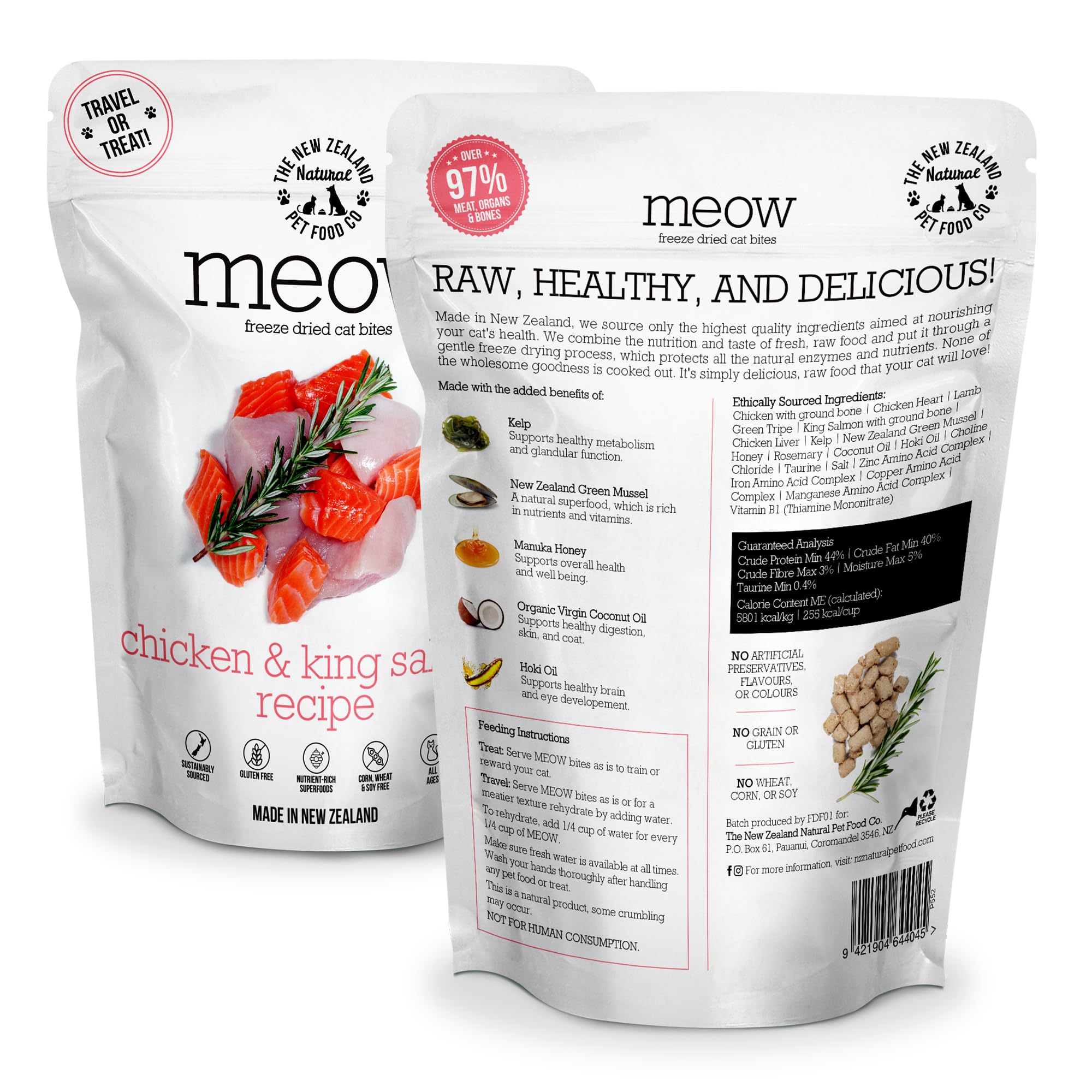Freeze Dried Raw Cat Food - Meow Chicken & King Salmon High Protein Mixer Topper Treat - Natural Limited Ingredient Recipe 1.76 oz - Perfect for Picky Eaters & Sensitive Stomachs