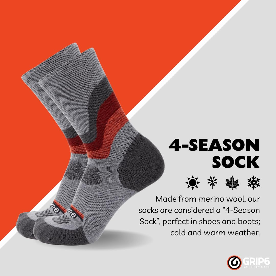 GRIP6 Merino Wool Crew Socks for Hiking & Outdoor - Lightweight USA-Made Wool Socks for Men & Women - Perfect for Camping, Backpacking & Daily Wear