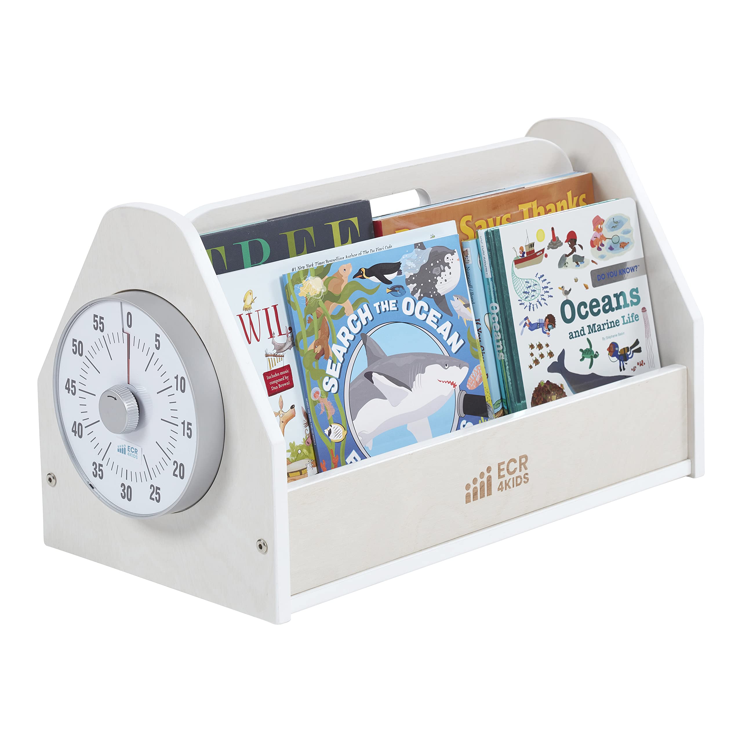 ECR4Kids Double-Sided Book Caddy with Timer - Portable Bookshelf Organizer for Classroom & Home - White Wash Finish - Ideal for Reading Corners, Daycare Centers & Homeschooling