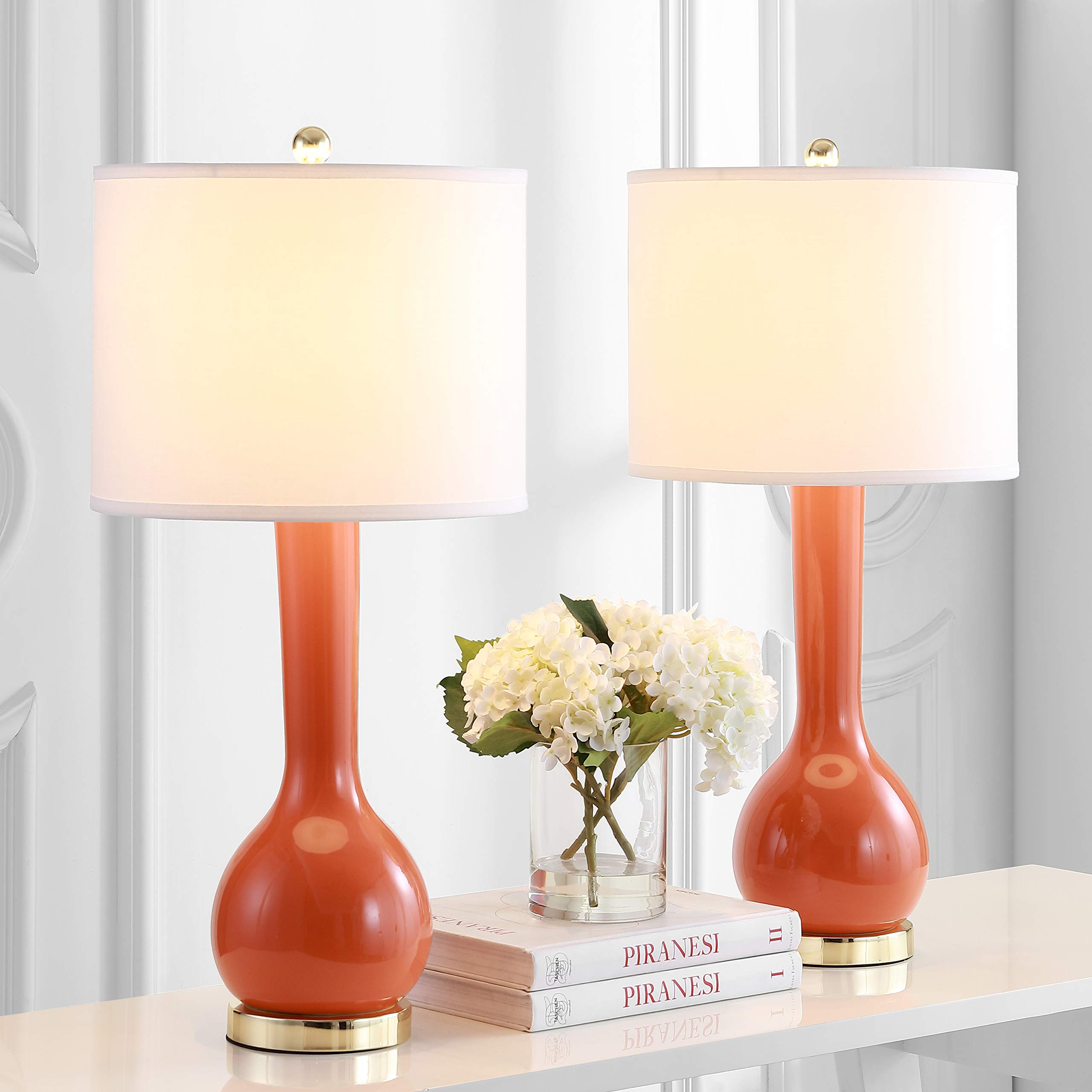 SAFAVIEH Lighting Collection Mae Long Neck Modern Contemporary Blood Orange Ceramic 31-inch Table Lamp Set of 2 (LED Bulbs Included) - Perfect for Bedroom, Living Room, Home Office & Nightstand Lighting