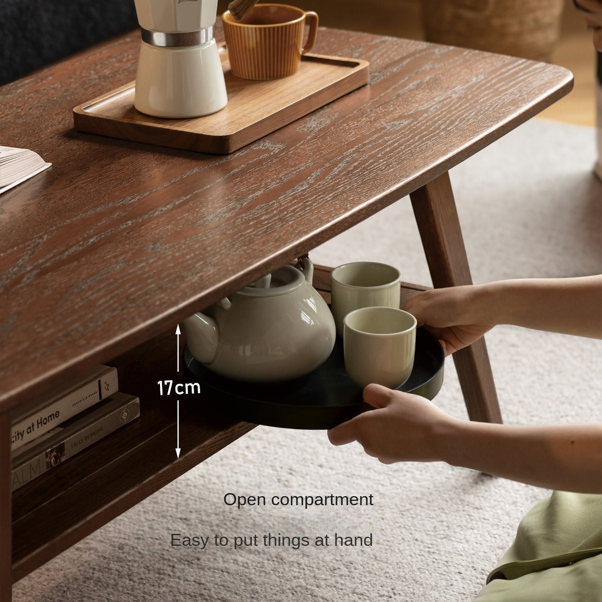 Solid Oak Wood Walnut Finish Double Layer Coffee Table - Modern Living Room Furniture for Home Decor & Small Space