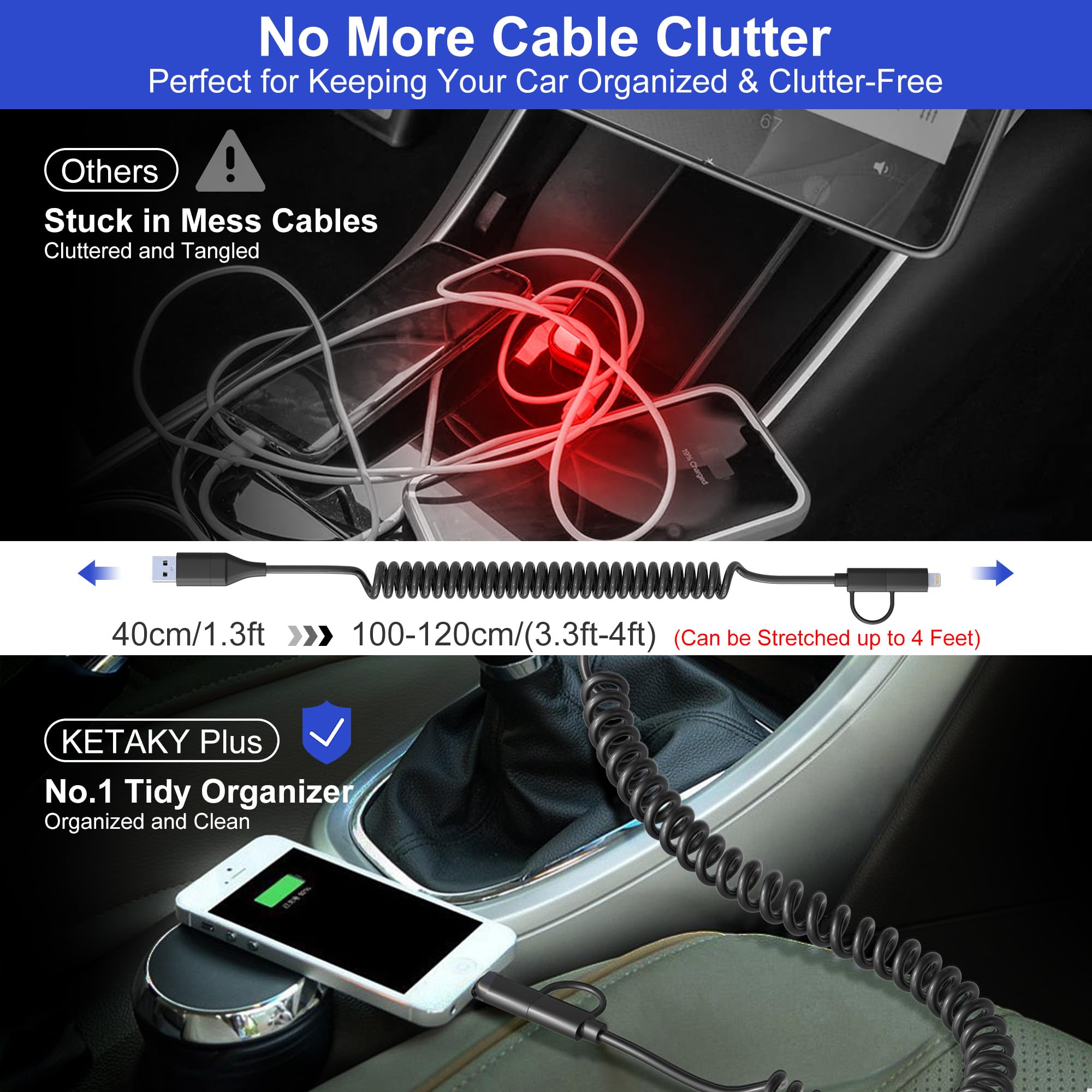 4-in-1 USB C & Lightning Charging Cable 60W PD Fast Charge with MFi Certification - Short Coiled Cable for iPhone 15/14, Android, iPad, Laptop - Supports CarPlay & Android Auto - Perfect for Car, Home & Office Charging