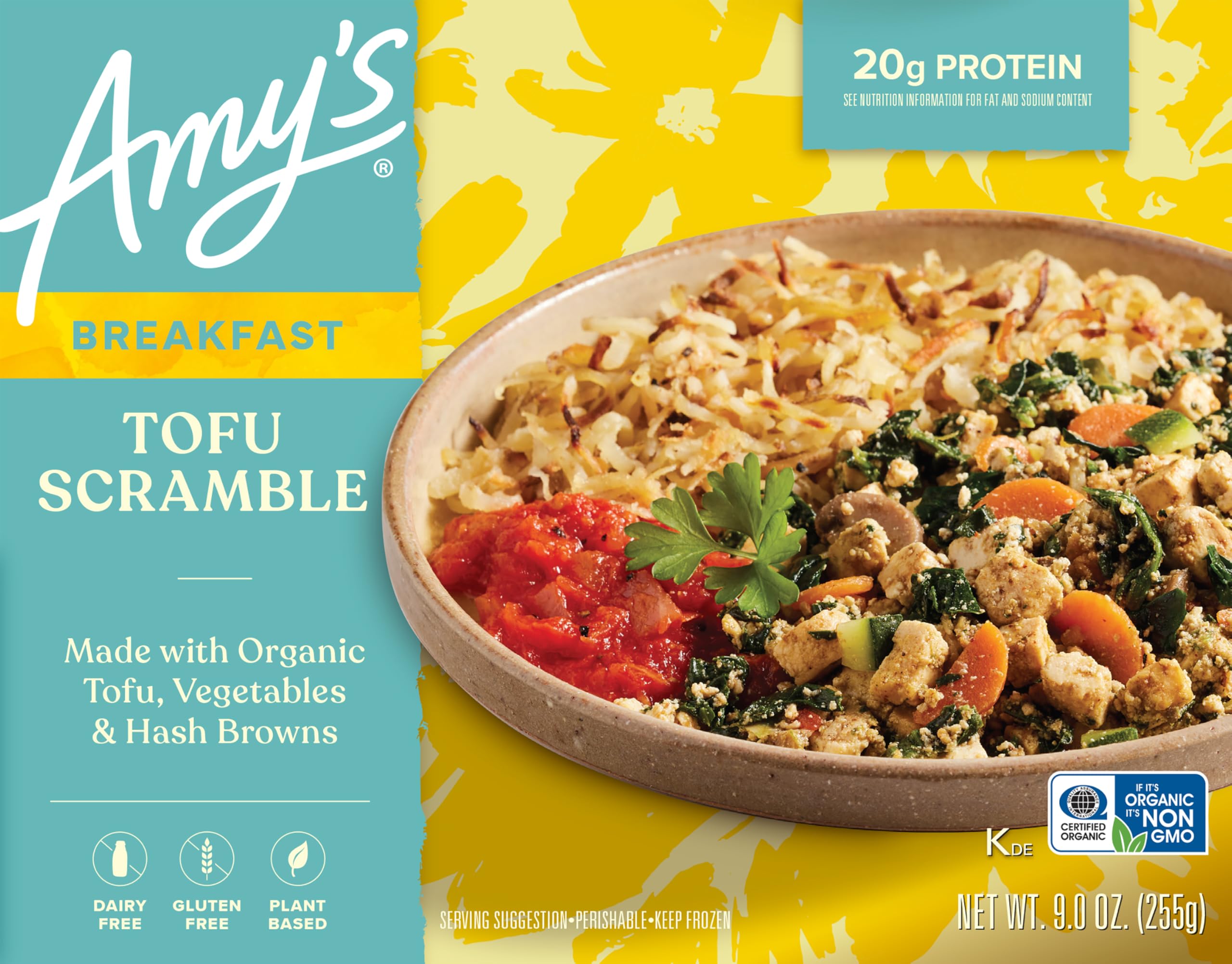 Amy's Vegan Tofu Scramble Frozen Meal - Organic Tofu with Vegetables & Hash Browns - Gluten Free, Microwave Ready - 9 Oz - Perfect for Quick Lunches, Office Meals & Healthy Vegan Dinners