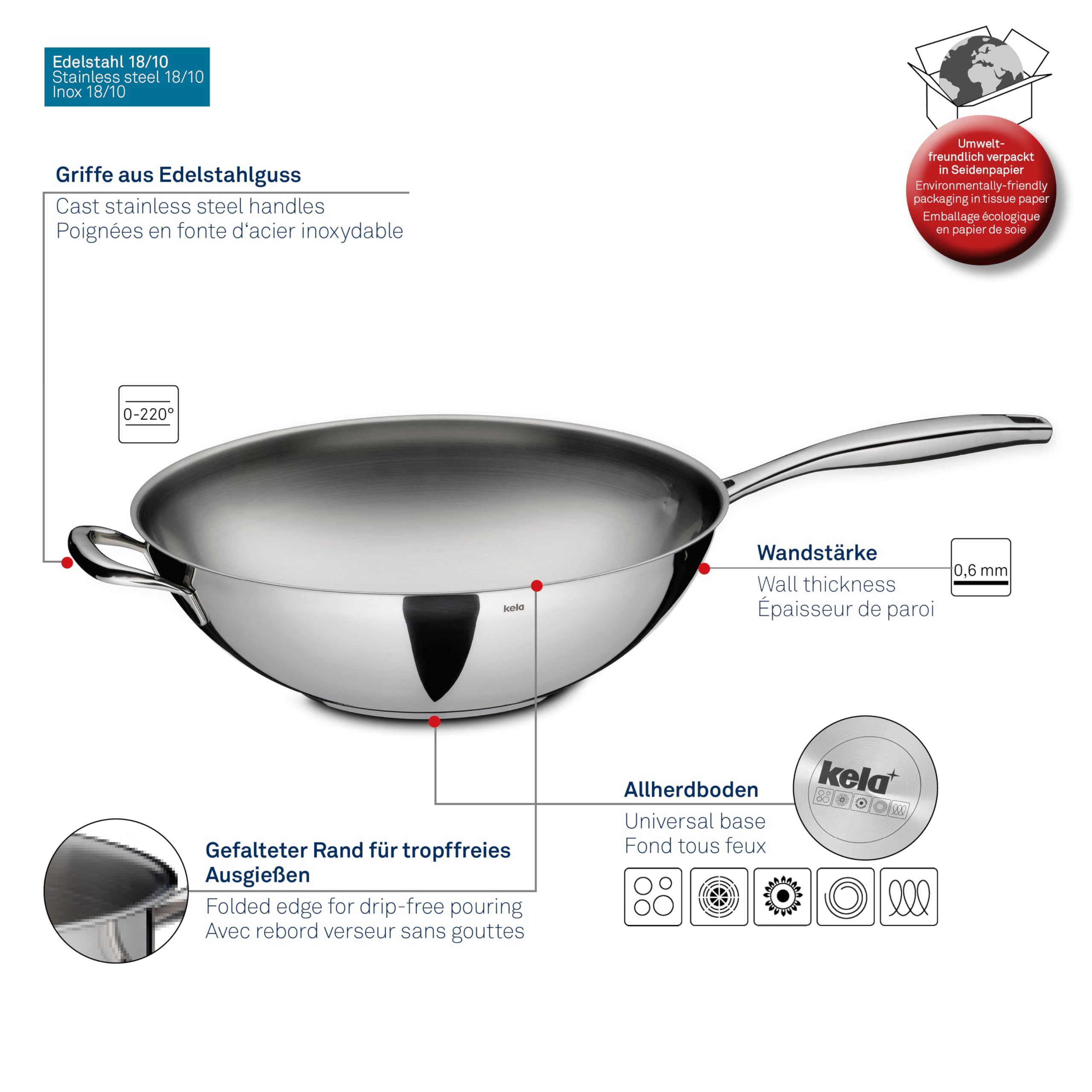 Kela Wok Flavoria - 32cm Stainless Steel Stir Fry Pan, 5L Capacity, 18/10 Induction Compatible Cookware with Heat-Resistant Base (Up to 220°C), Silver Polish - Perfect for Asian Cooking, Stir Frying, Sautéing & Family Meals