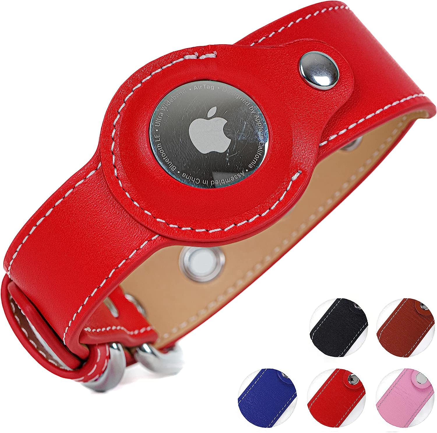 Premium Genuine Leather AirTag Collar for Dogs & Cats - Heavy Duty, Durable & Breathable Pet Collar - Small, Medium & Large Sizes (Red, M) - Perfect for Tracking Pets During Walks, Hikes & Outdoor Adventures