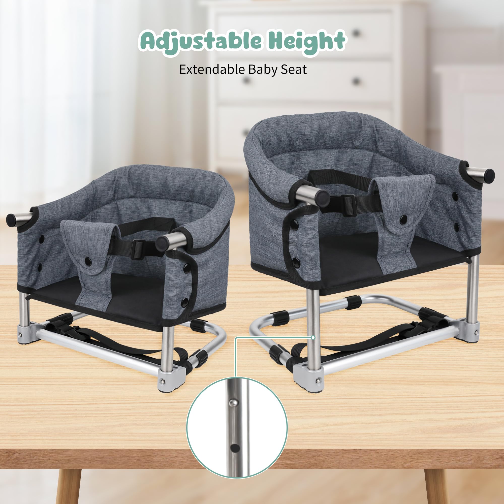 Portable Toddler Booster Seat for Dining Table - Adjustable Height Baby High Chair with Safety Belt, Foldable Kids Feeding Chair for Home Kitchen & Travel - Grey - Perfect for Family Meals, Restaurant Dining and Road Trips