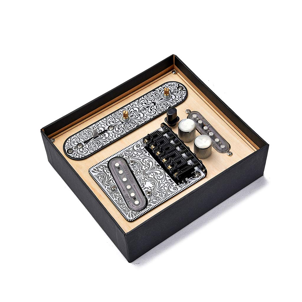 6-String Saddle Bridge Plate with 3-Way Switch & Volume Control for Telecaster Electric Guitar - Black & White Reliefs | Includes Neck Pickup | Perfect for Guitar Upgrades & DIY Repairs