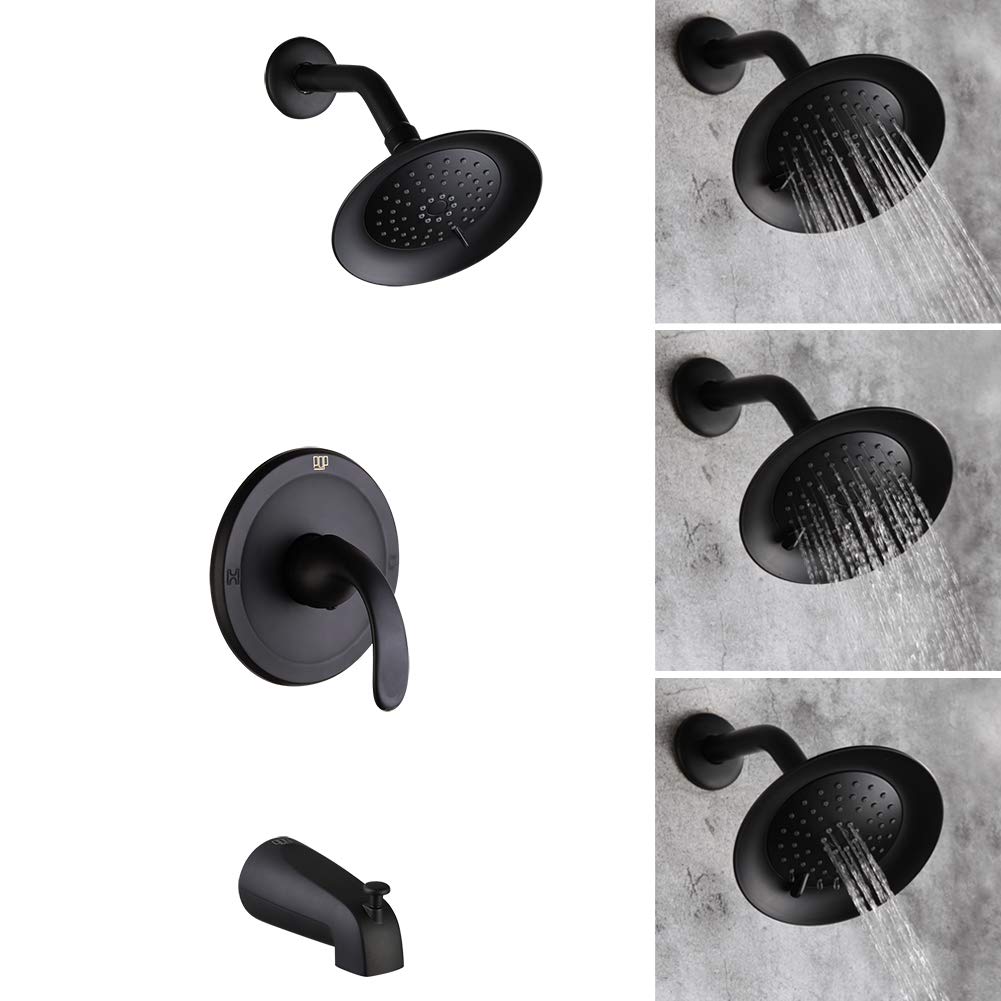 Matte Black Shower Faucet Set with Tub Spout - 6 Inch 3-Spray Shower Head, Single Handle Tub and Shower System with Rough-in Valve - Perfect for Modern Bathroom Renovations and Spa-Like Shower Experiences