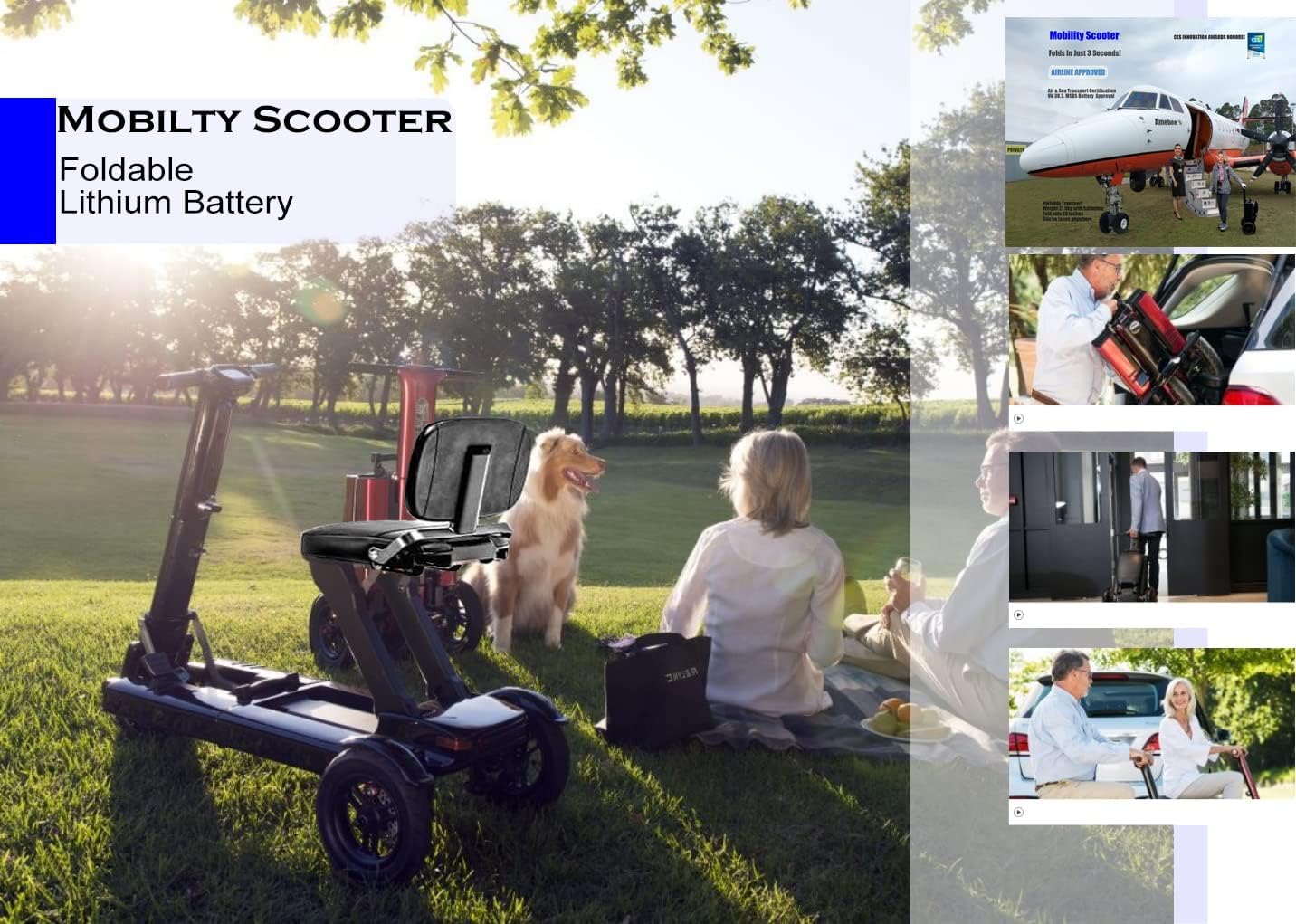 Amebee Foldable Mobility Scooter - Lightweight & Compact Travel Aid for Adults & Seniors - Portable Handicap Scooter with Strong Frame - Perfect for Shopping, Travel & Outdoor Activities
