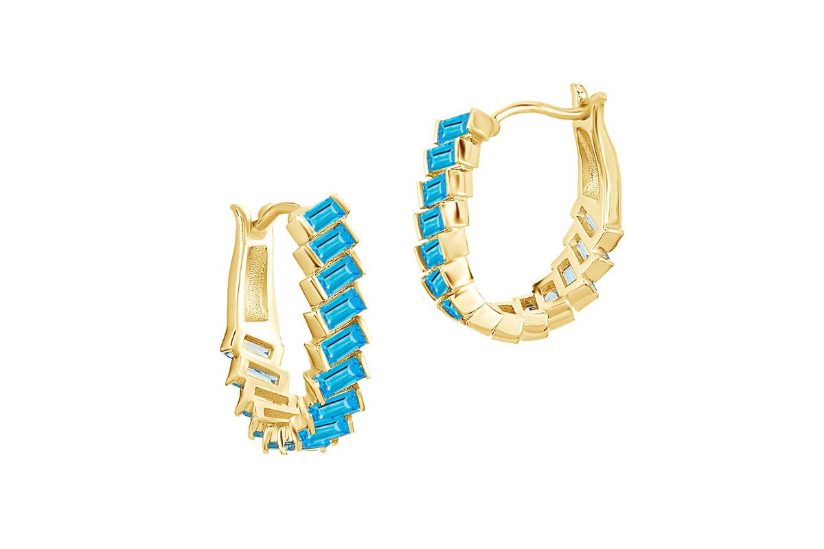 Baguette Blue Topaz Hoop Earrings - 14k Gold Plated Sterling Silver Jewelry for Women - Perfect for Parties, Weddings & Everyday Wear