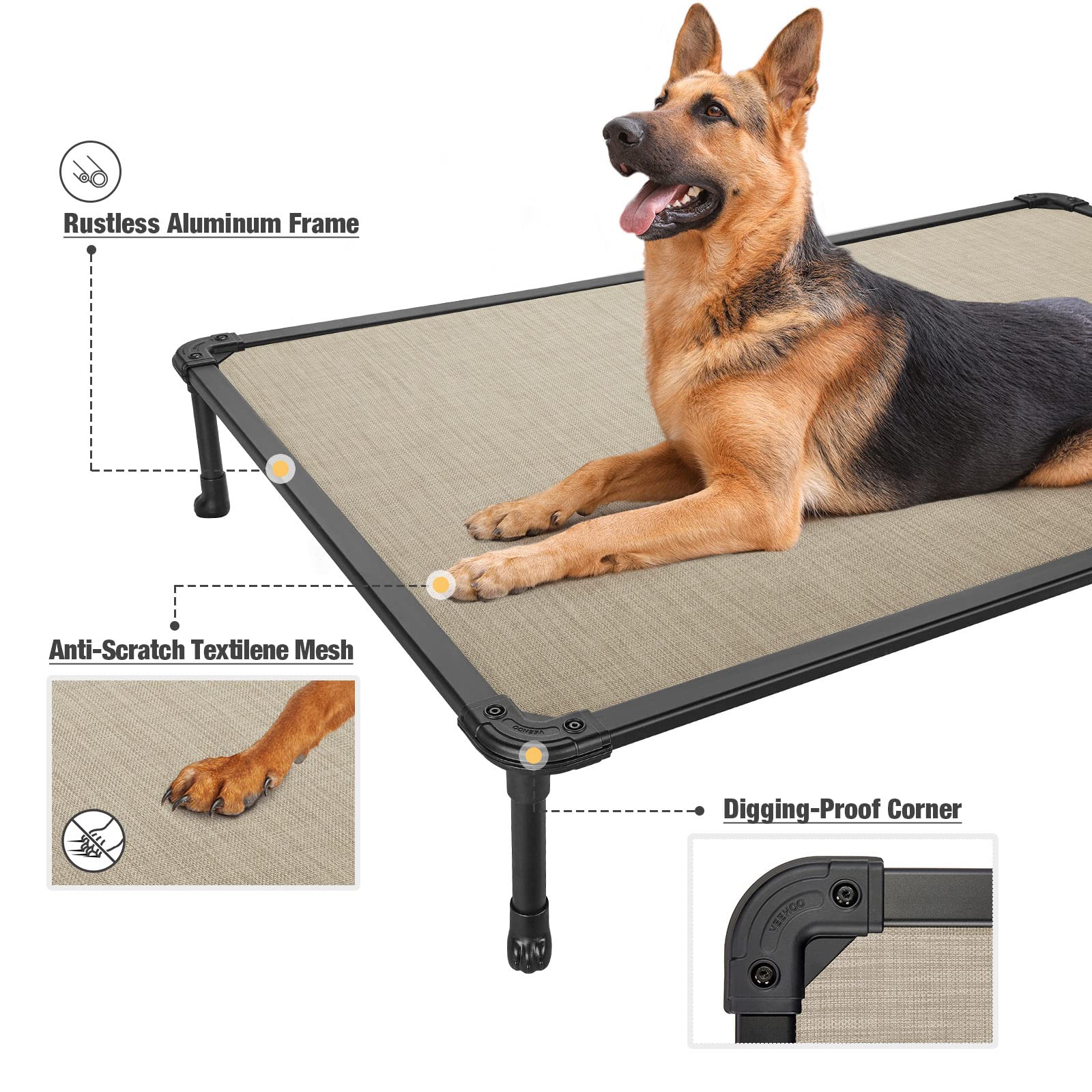 Veehoo Chew Proof Dog Bed - Cooling Raised Pet Cot with Aluminum Frame for Indoor/Outdoor Use - XX Large Beige Coffee