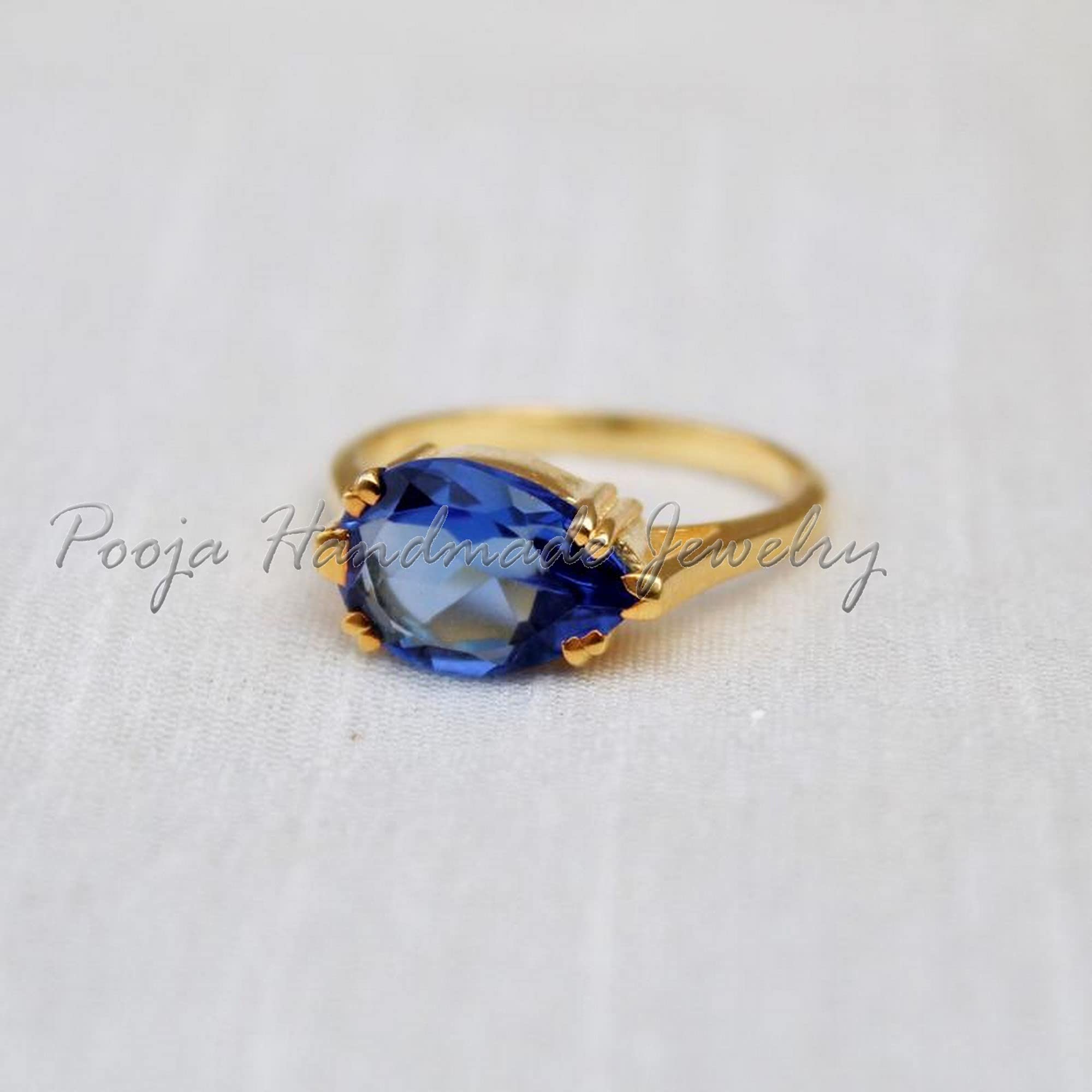 925 Sterling Silver Iolite Ring - Gold Plated Pear Cut Iolite Stackable Ring for Women, Minimalist Bohemian Engagement & Promise Ring, September Birthstone Jewelry - Perfect for Weddings, Anniversaries & Everyday Wear