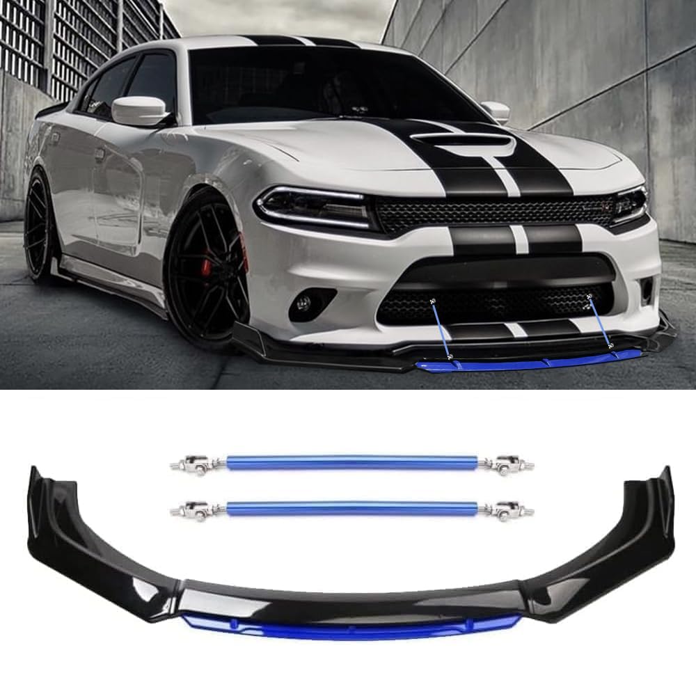 Universal Front Bumper Lip Body Kit - Glossy Black & Blue ABS Front Spoiler Splitter with 11”-13