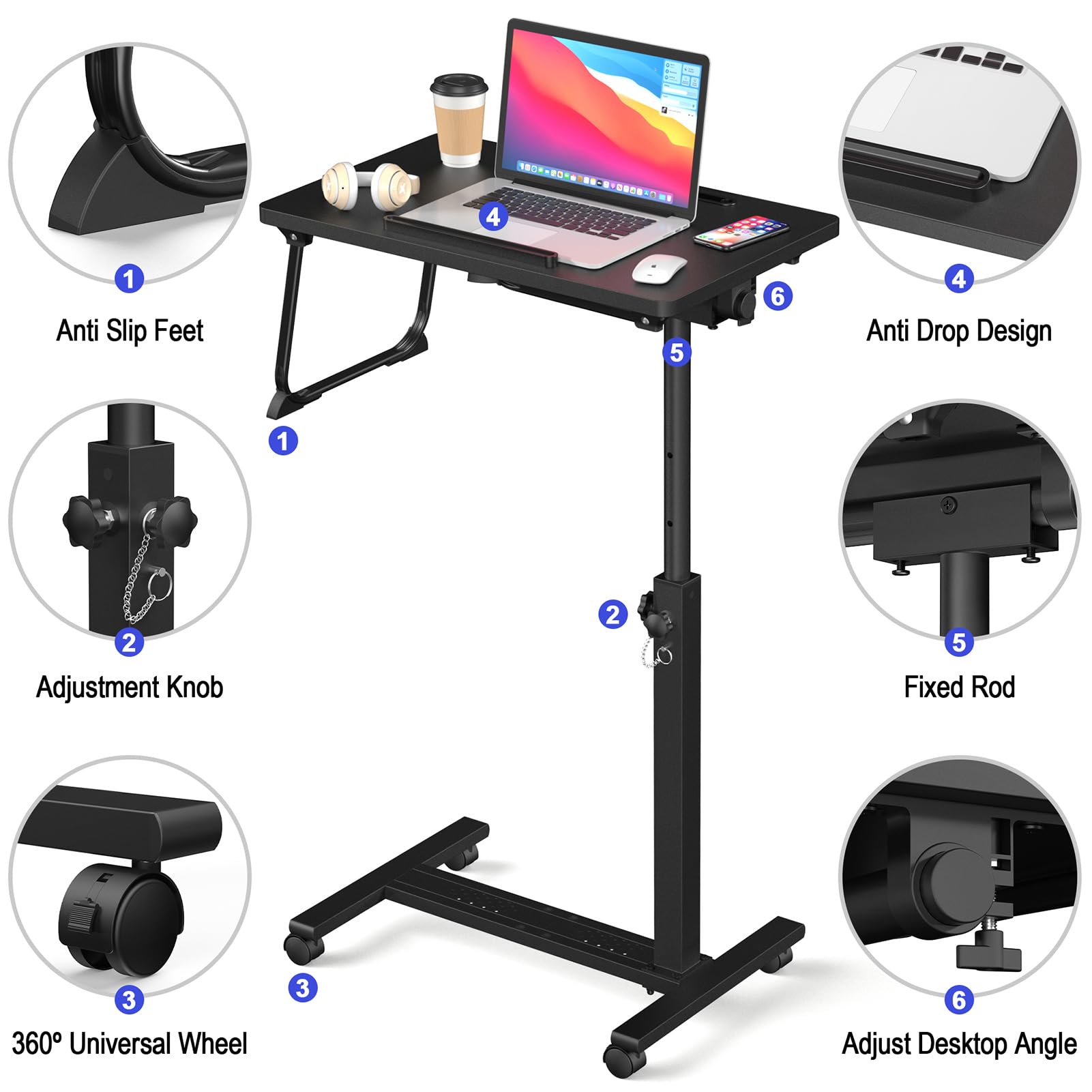 Adjustable Overbed Bedside Table with Wheels - Portable Rolling Desk for Hospital, Home & Office - Mobile Laptop Stand, Computer Cart & Standing Desk Tray - Perfect for Patients, Students & Remote Work