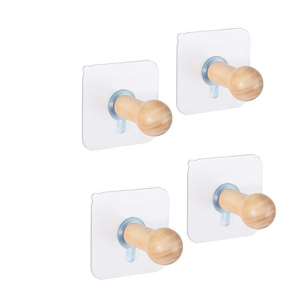 LACACA 4Pcs Clear Adhesive Wall Hooks for Hats, Bags & Organizers - Strong Wooden Mounted Peg Hooks for Home, Office & Dorm Room Storage Solutions