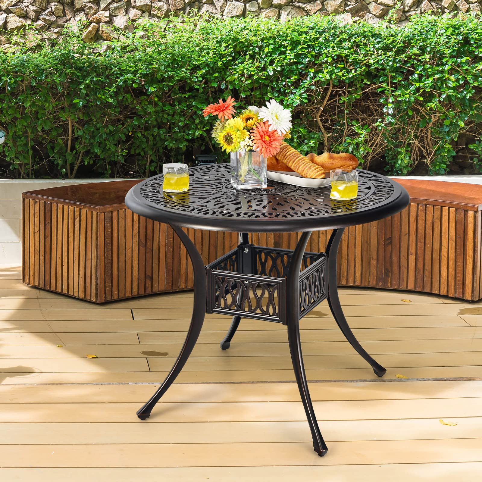 Tangkula 36 Inch Round Outdoor Dining Table - Weather-Resistant Cast Aluminum Patio Table with Umbrella Hole for Backyard, Garden, Poolside - Perfect for Outdoor Entertaining & Dining Al Fresco