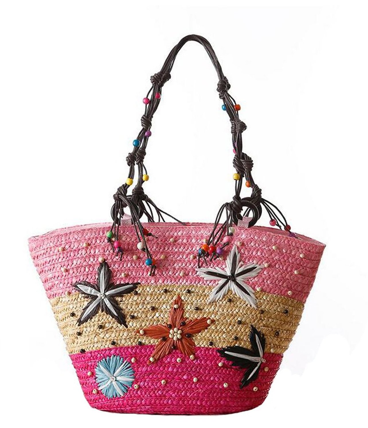 Blue Island Shore Rattan Straw Tote Beach Bag - Pink Multi Color Summer Tote for Women | Perfect for Beach Vacation, Pool Party, Picnic & Shopping