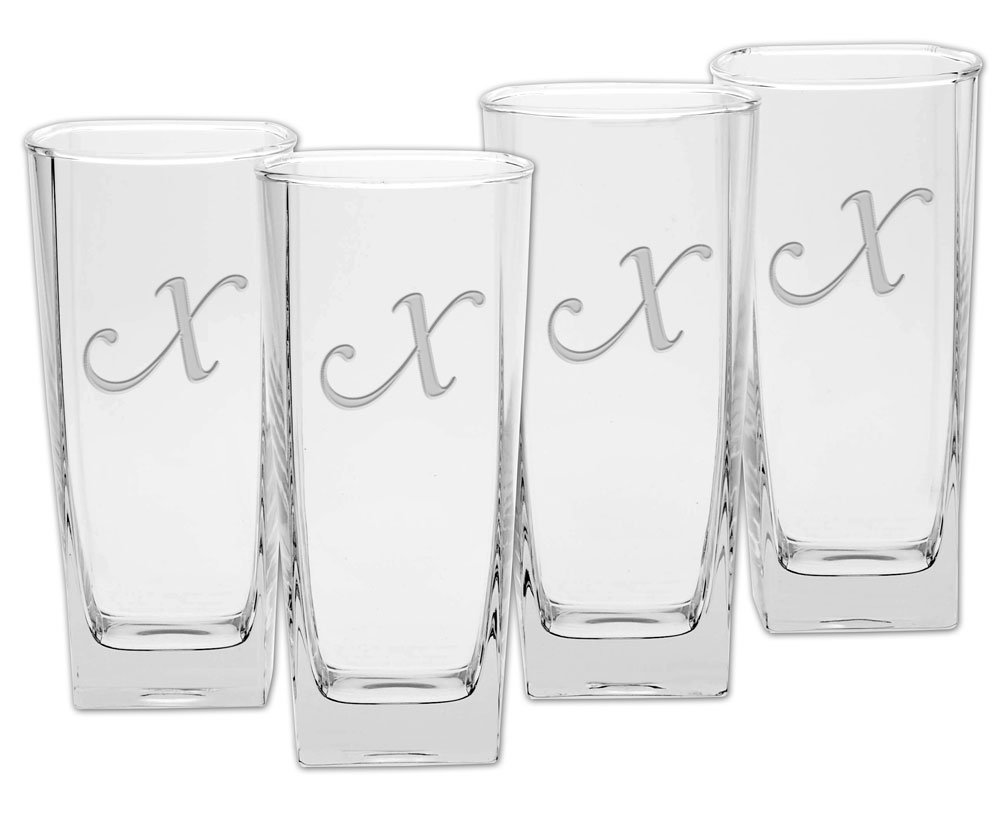 Monogrammed Letter-X 16-Ounce Culver Deep Etched Cooler Glass Set of 4 - Perfect for Beer, Cocktails, and Outdoor Parties