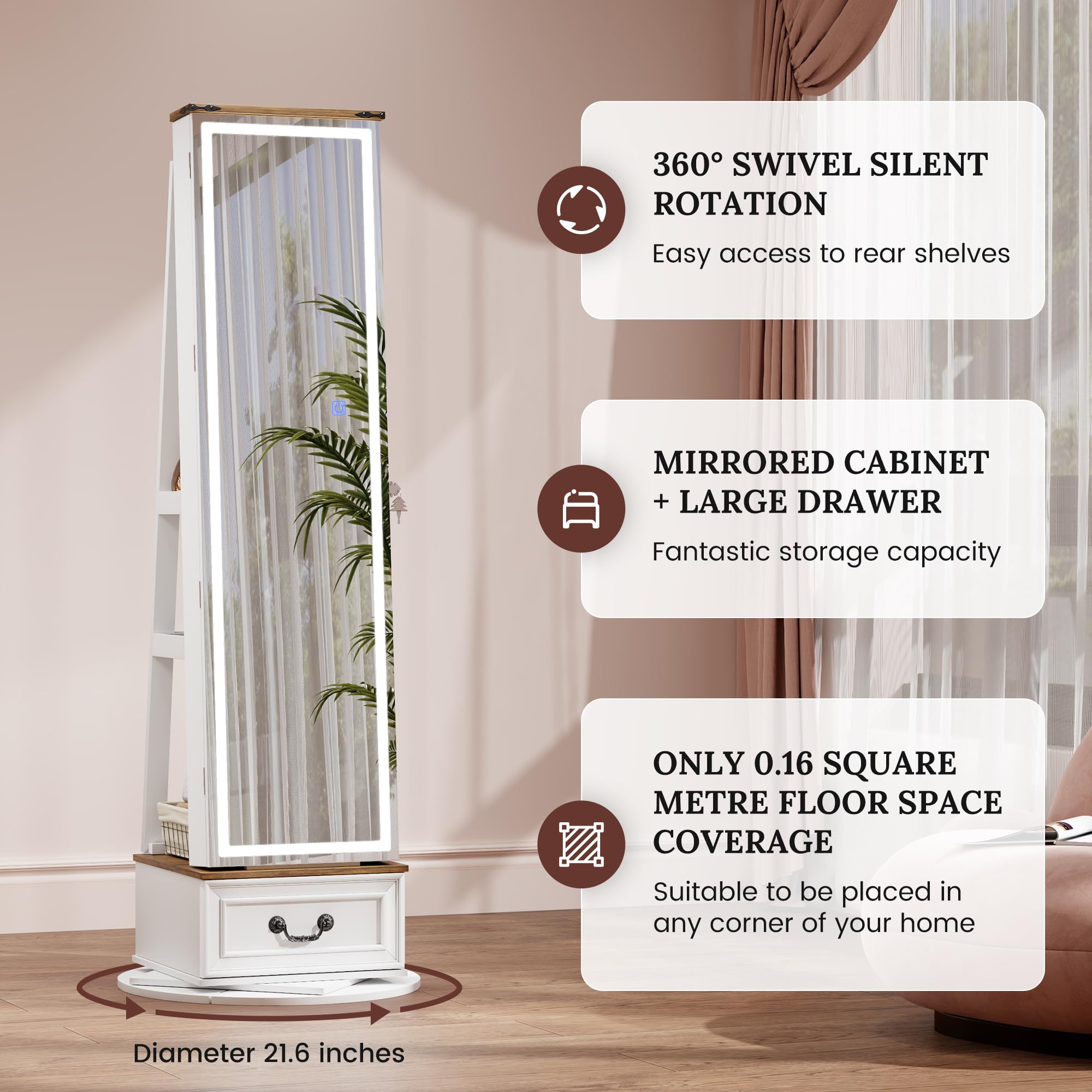 LVSOMT LED Mirror Jewelry Cabinet Standing - 360° Swivel Jewelry Armoire with Full Length Mirror & Storage, Large Wooden Drawer Organizer for Necklaces, Rings, Earrings - Perfect Christmas Gift for Women (Farmhouse White) | Bedroom Vanity, Closet Organization, Dressing Room Decor