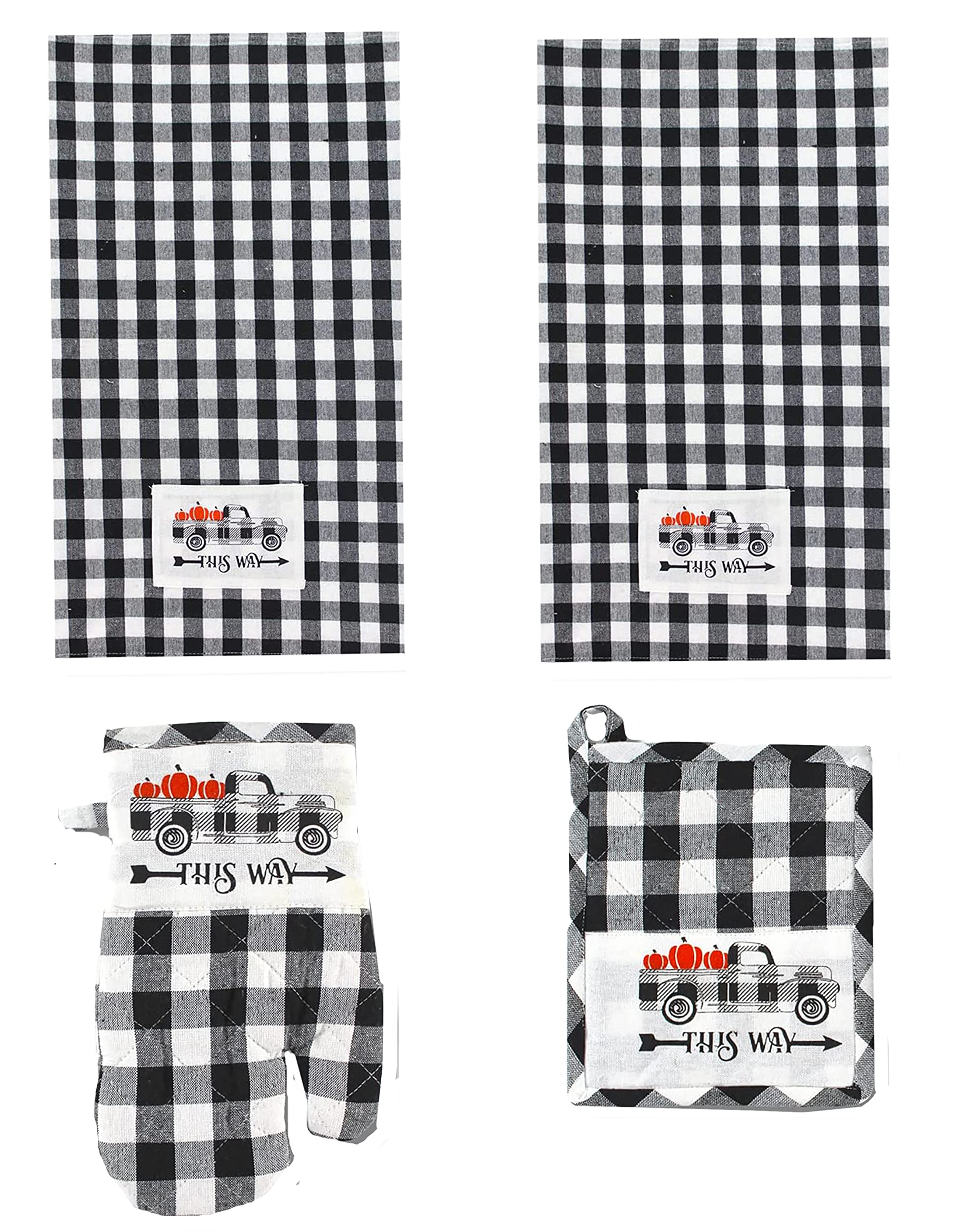 4-Piece Fall Kitchen Set - Buffalo Plaid Pickup Truck with Pumpkins Print - Includes 2 Towels, 1 Potholder & 1 Oven Mitt - Decorative & Functional Kitchen Accessories for Thanksgiving, Autumn Decor & Cozy Farmhouse Style