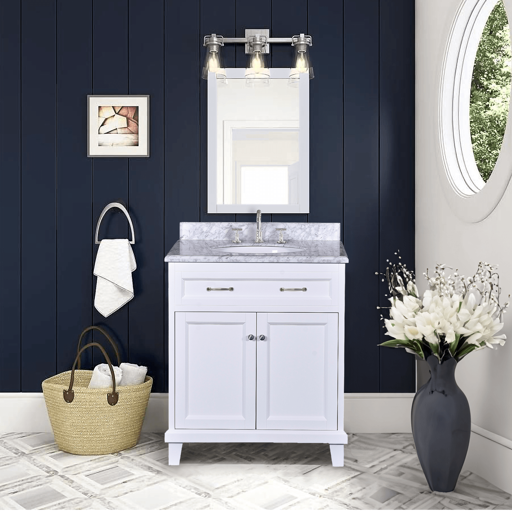 White Bathroom Vanity with Solid Wood Frame & Carrara Marble Top - 3 Size Options for Modern Bathroom Decor | Perfect for Master Bath, Guest Bath & Small Space Remodeling