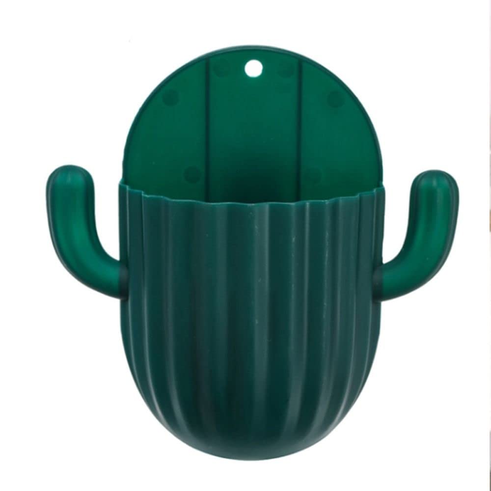 1PCS Cactus Toothbrush Holder - Self-Adhesive Bathroom Organizer with Drain Shelf, Cute Cartoon Succulent Design (Dark Green) | Perfect for Kids' Bathrooms, Dorm Rooms & Small Space Organization