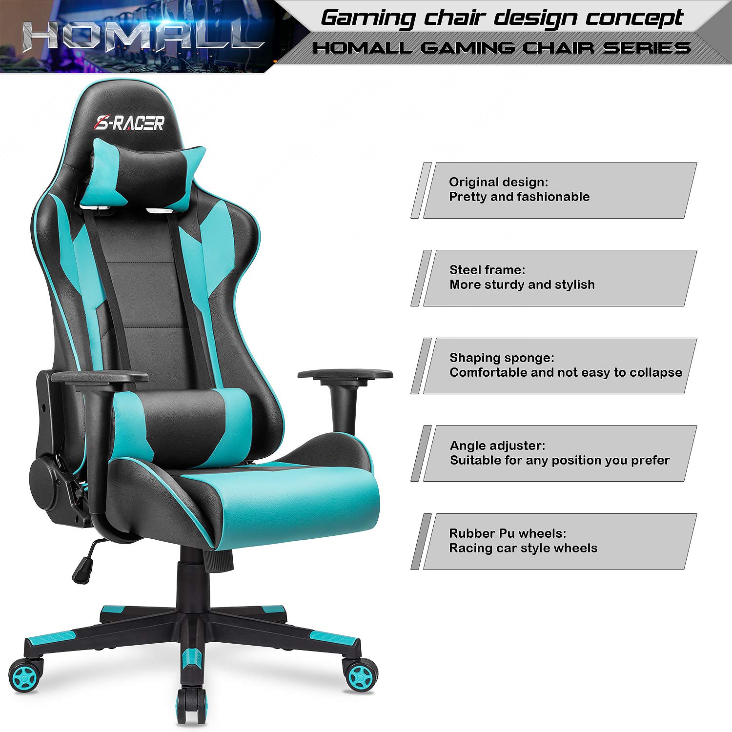 Homall Ergonomic Gaming Chair - High Back Office Chair with Adjustable Headrest & Lumbar Support, Leather Computer Desk Chair for Racing, Executive & Home Use (Cyan) - Perfect for Gaming, Working & Relaxing