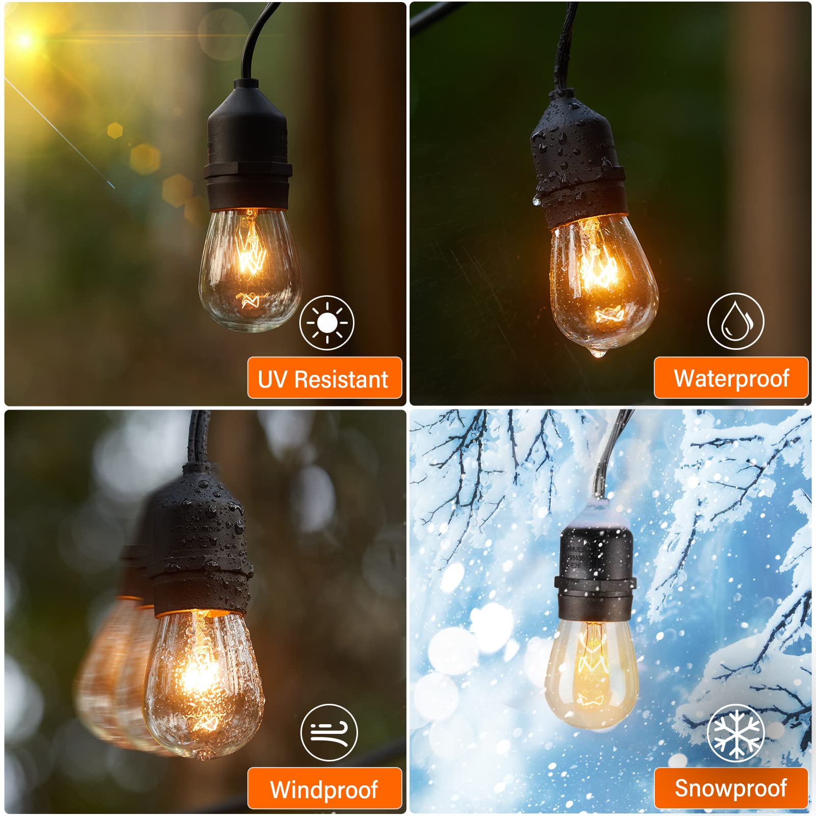 48FT Outdoor String Lights - Waterproof Patio Lights with 15 Edison Bulbs, Heavy Duty Strand for Garden, Cafe, Bistro & Porch Decor | 11W Warm White LED Hanging Lights for Outdoor Parties, Weddings & Backyard Ambiance