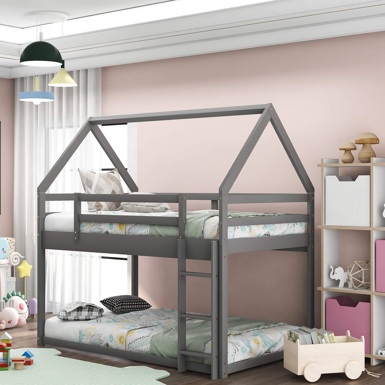 Rhomtree Twin Over Twin Low Bunk Bed with Roof - Wooden House Loft Bed Frame for Kids & Toddlers, No Box Spring Needed, Easy Assembly (Grey) | Perfect for Small Bedrooms, Shared Kids Rooms & Space-Saving Sleep Solutions