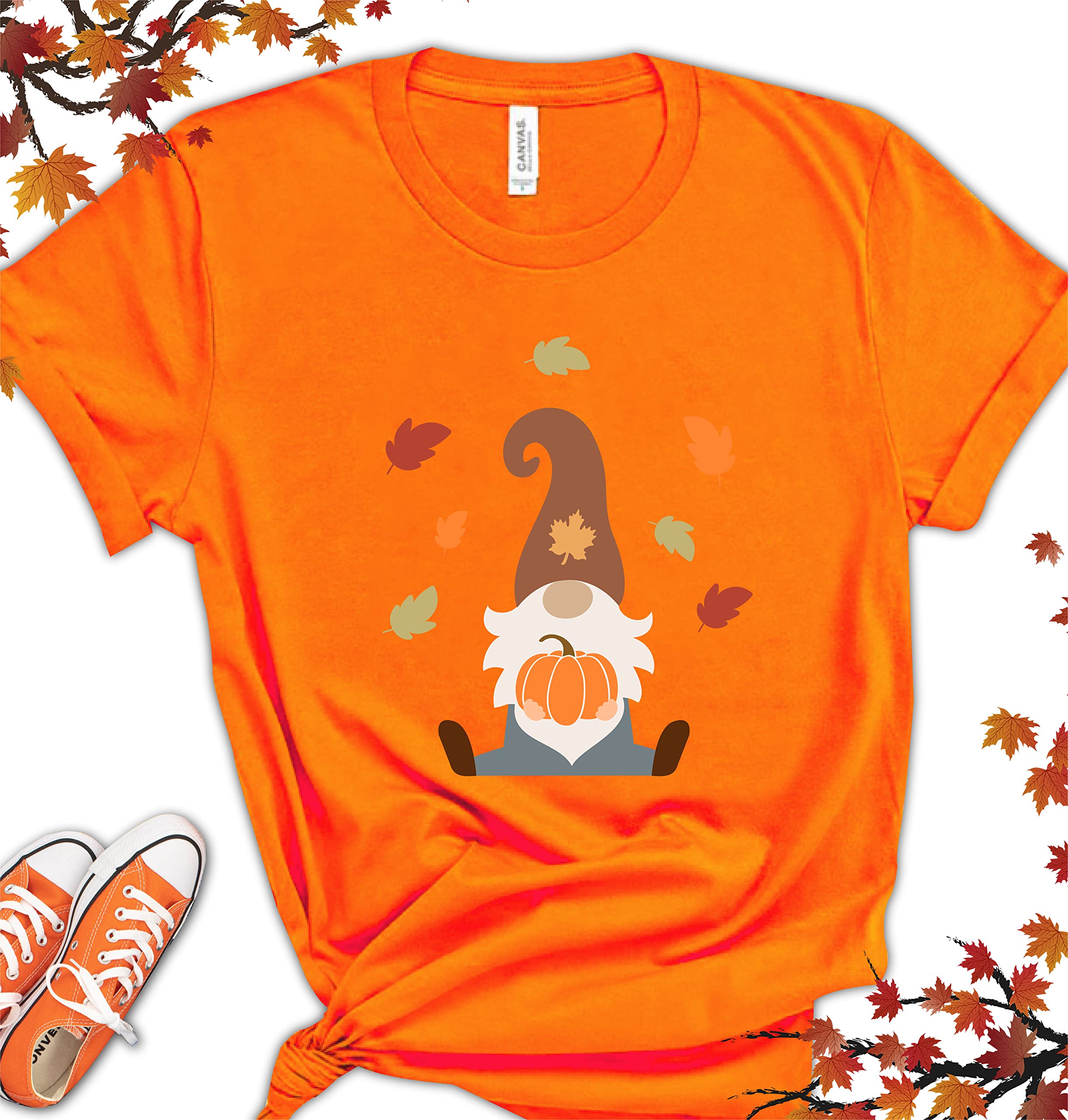 Gnomes T-Shirts for Women & Men | Fall Leaves & Pumpkin Print Autumn Tees | Thanksgiving & Halloween Graphic Shirts | Cozy Seasonal Gift for Christmas & Holiday Gatherings