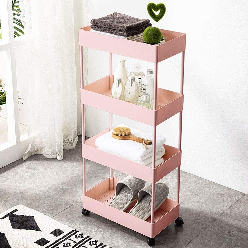 4-Tier Slim Rolling Storage Cart with Wheels - Pink Utility Cart for Kitchen, Bathroom, Bedroom & Craft Room Organization | Mobile Storage Solution for Small Spaces