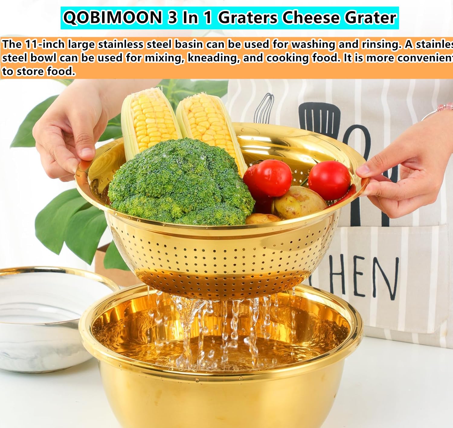 3-Piece Stainless Steel Colander Set - Vegetable Slicer, Potato Peeler, Carrot Grater & Strainer with Round Rice Washer Bowl (Gold) - Perfect for Kitchen Prep, Salad Making & Draining Pasta