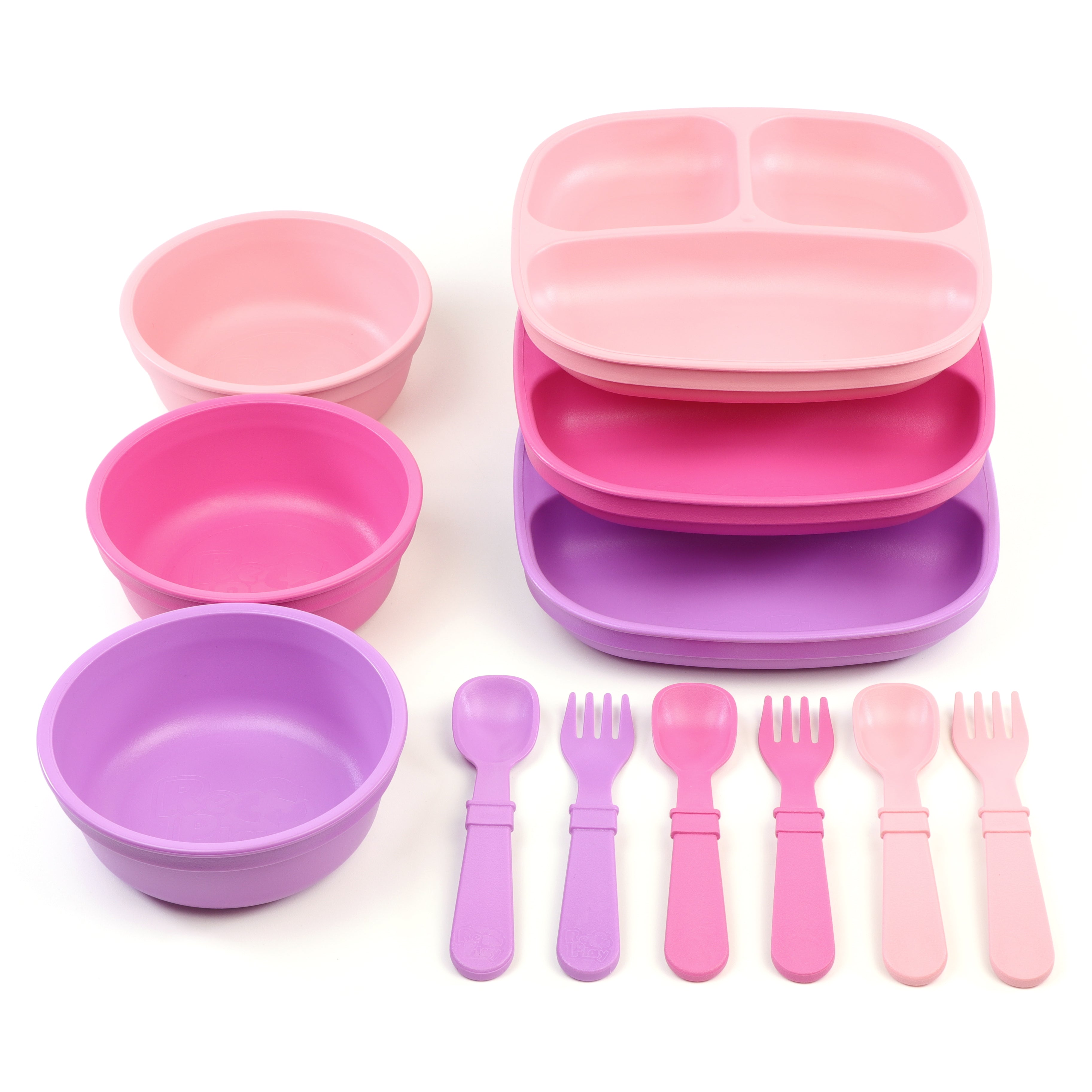 Re Play 9-Piece Bundle - Eco-Friendly Plastic Dinnerware Set in Pansy & Pink Colors | Perfect for Kids, Picnics, Outdoor Dining & Sustainable Living