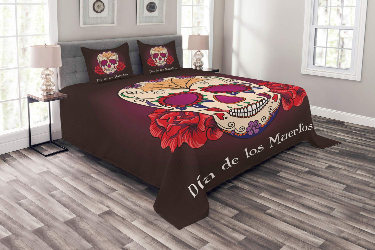 Ambesonne Day of The Dead Bedspread Set - Dia de Los Muertos Spanish Skull & Skeleton Print 3-Piece King Size Bedding (Coverlet + 2 Pillow Shams) in Plum Red Cream - Vibrant Mexican Theme for Halloween, Home Decor & Cultural Celebration
