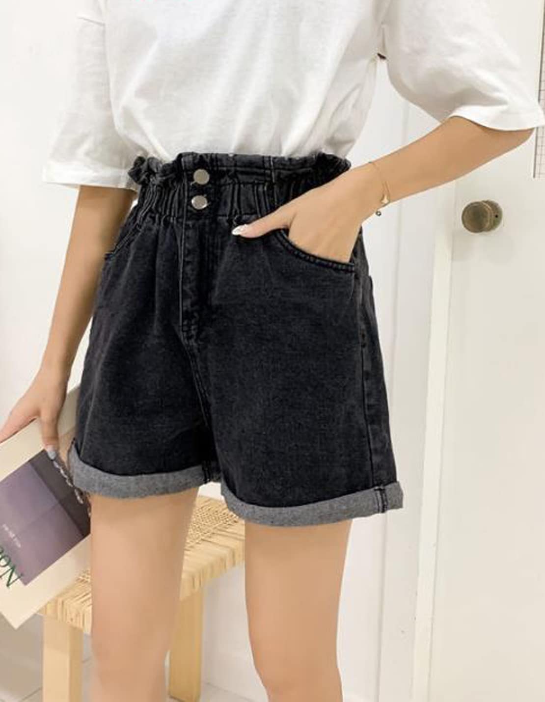 VIEWON Women's High Waist Stretch Denim Shorts - Elastic Waistband, Rolled Hem, Comfortable Cotton Casual Shorts with Pockets | Perfect for Summer, Beach, Travel & Everyday Wear