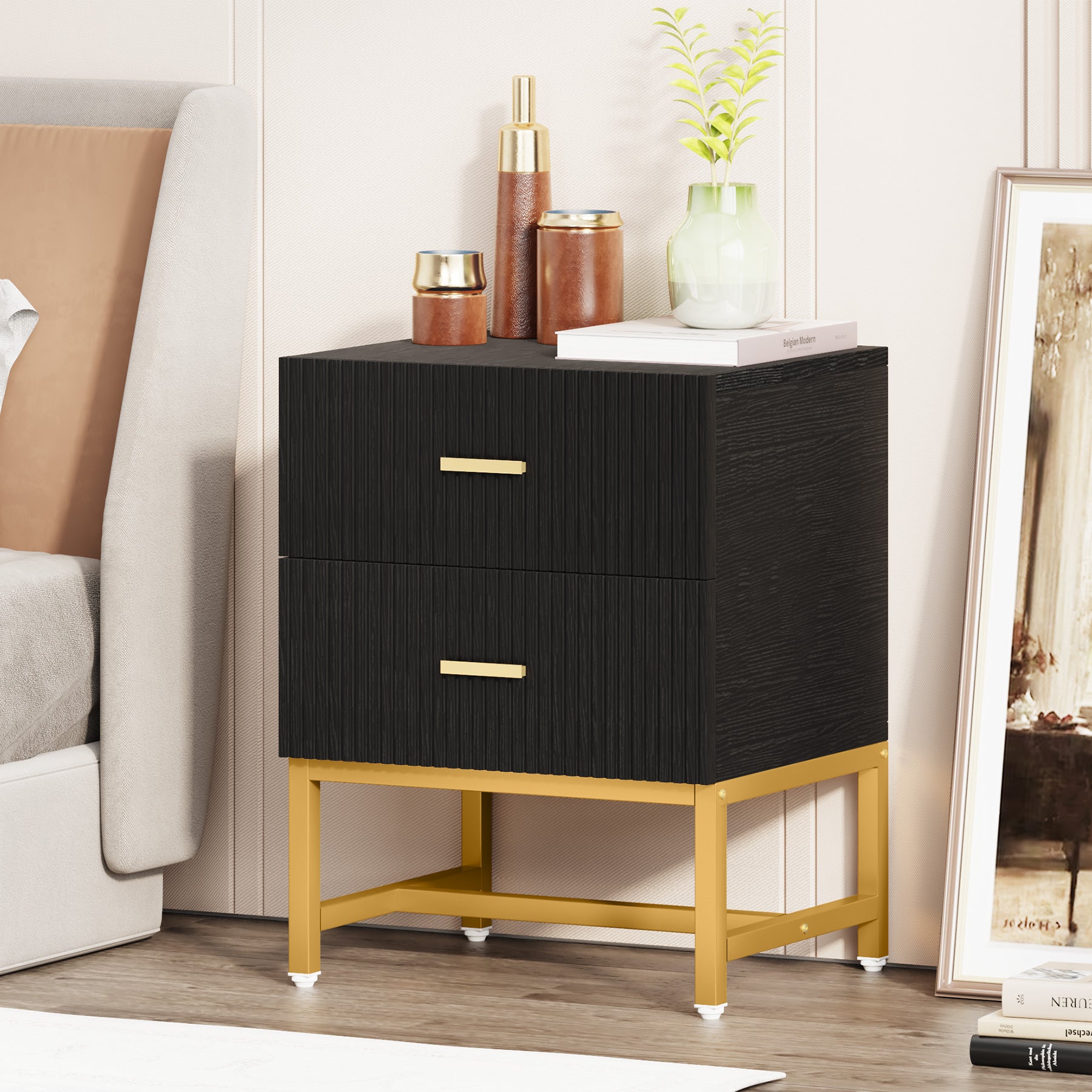 Modern 2-Drawer Nightstand with Storage - Stylish Bedside End Table for Bedroom, Living Room & Office Organization