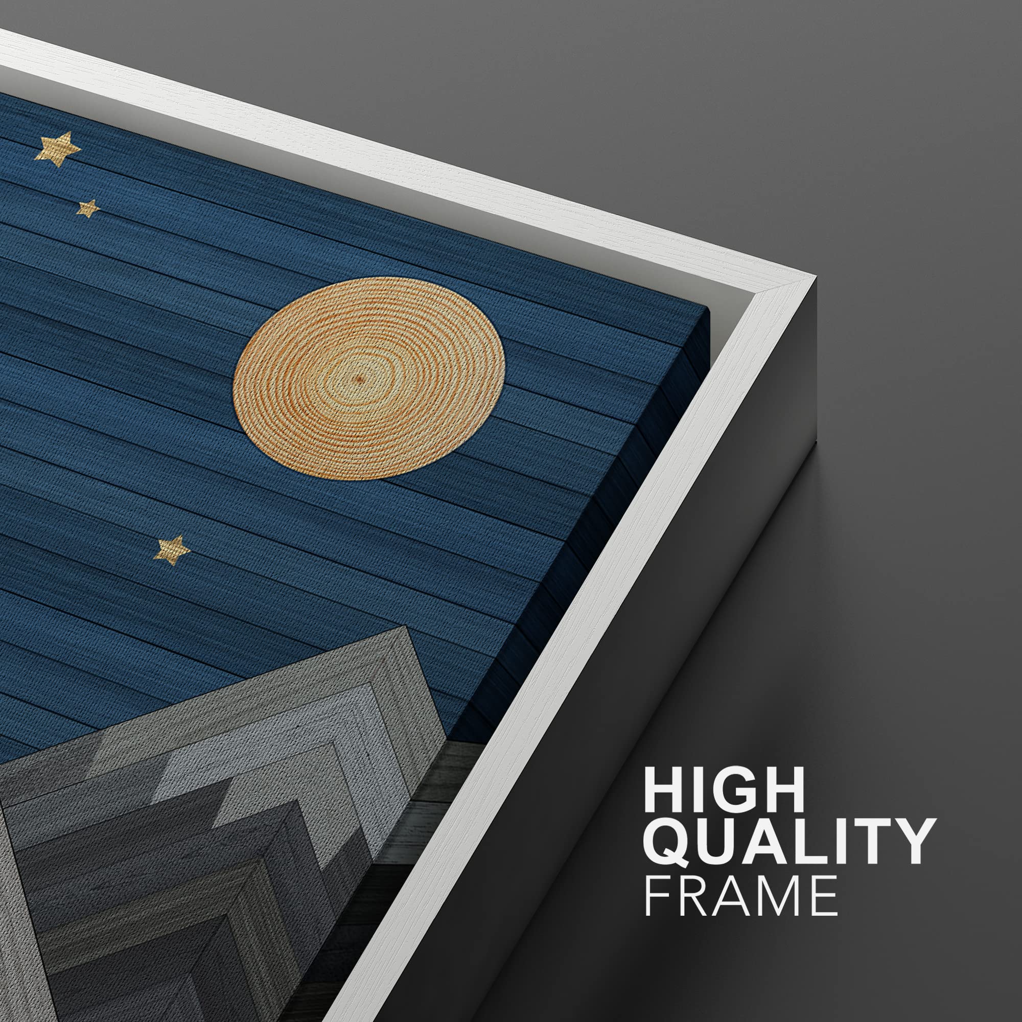IDEA4WALL Framed Canvas Print - Western Decor Wood Block Night Moon Sky Mountain Range Nature Wilderness Illustration - Modern Wall Art for Living Room, Bedroom, Office - 24