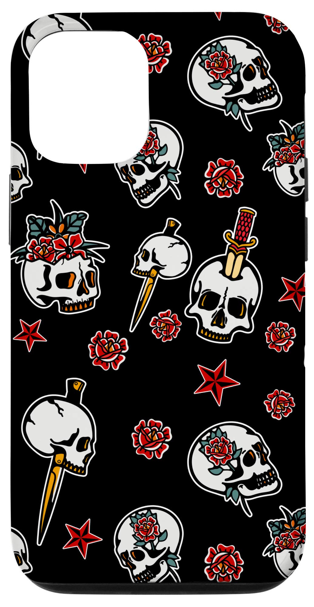 iPhone 12/12 Pro Case - Gothic Skull Roses & Dagger Design - Shockproof Protective Cover for Men Women - Perfect for Tattoo Lovers, Bikers & Rock Music Fans