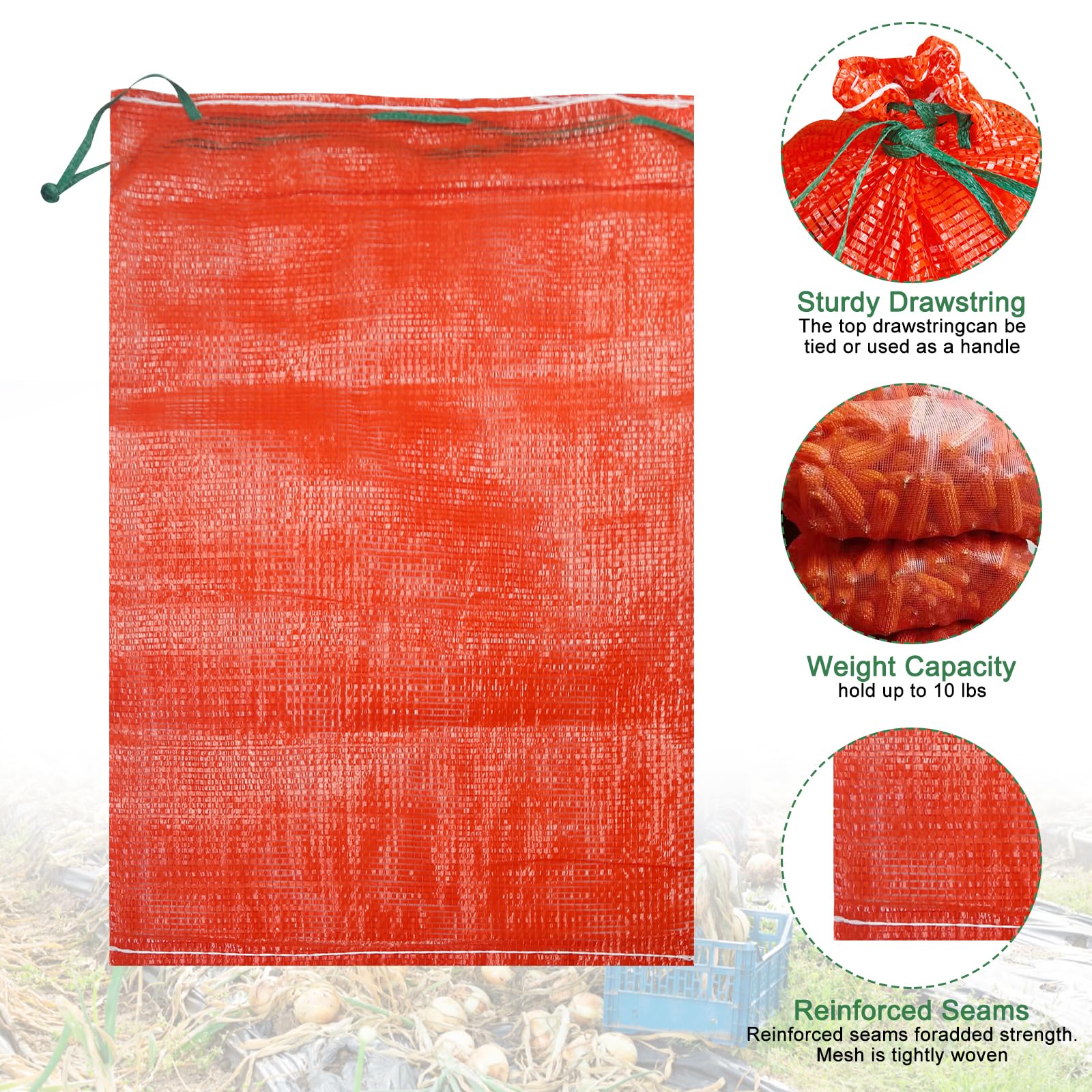36lb Mesh Onion Bags - Reusable Produce Storage Bags for Potatoes, Fruits & Vegetables (15.6 x 26 inches, Pack of 50) - Perfect for Farmers Market, Grocery Storage & Home Kitchen Organization