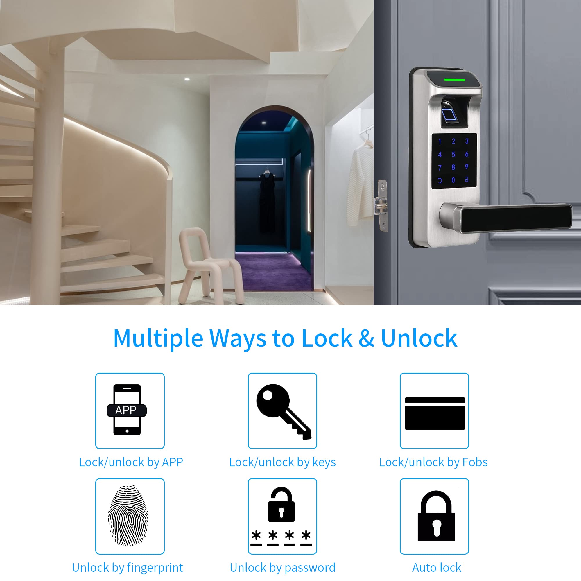 Harfo 5-in-1 Smart Fingerprint Door Lock - Heavy Duty Keyless Entry with Touchscreen Keypad, Reversible Handle & Digital Keypad - Electronic Smart Lock for Home Security (Satin Nickel) - Perfect for Apartments, Offices & Vacation Homes