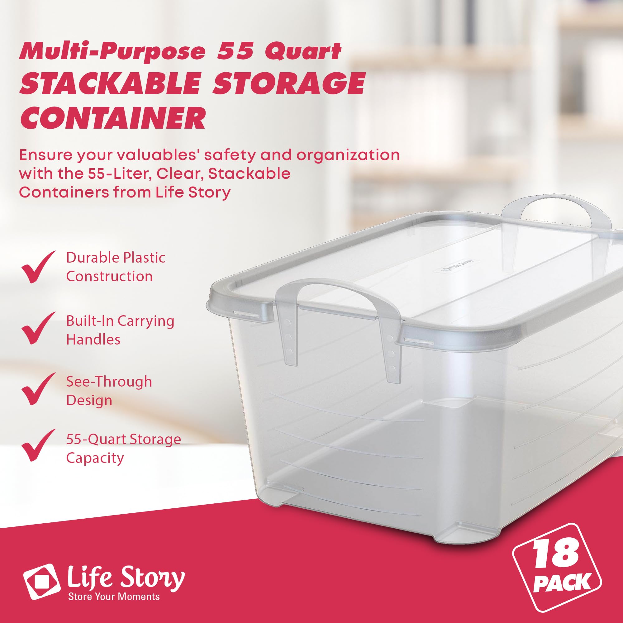 Clear Stackable Storage Boxes for Closet Organization - 55 Quart (18 Pack) - Perfect for Bedroom, Closet, Garage & Seasonal Storage