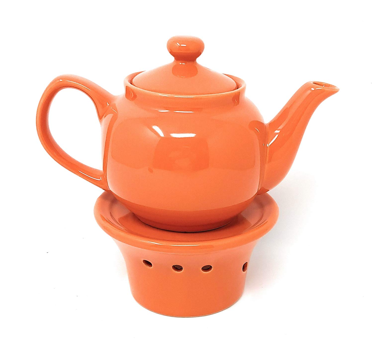 Old Amsterdam Ceramic Vivian Orange 3-Cup Classic Teapot with Candle Warmer Stand - Perfect for Afternoon Tea, Gifts & Cozy Home Decor
