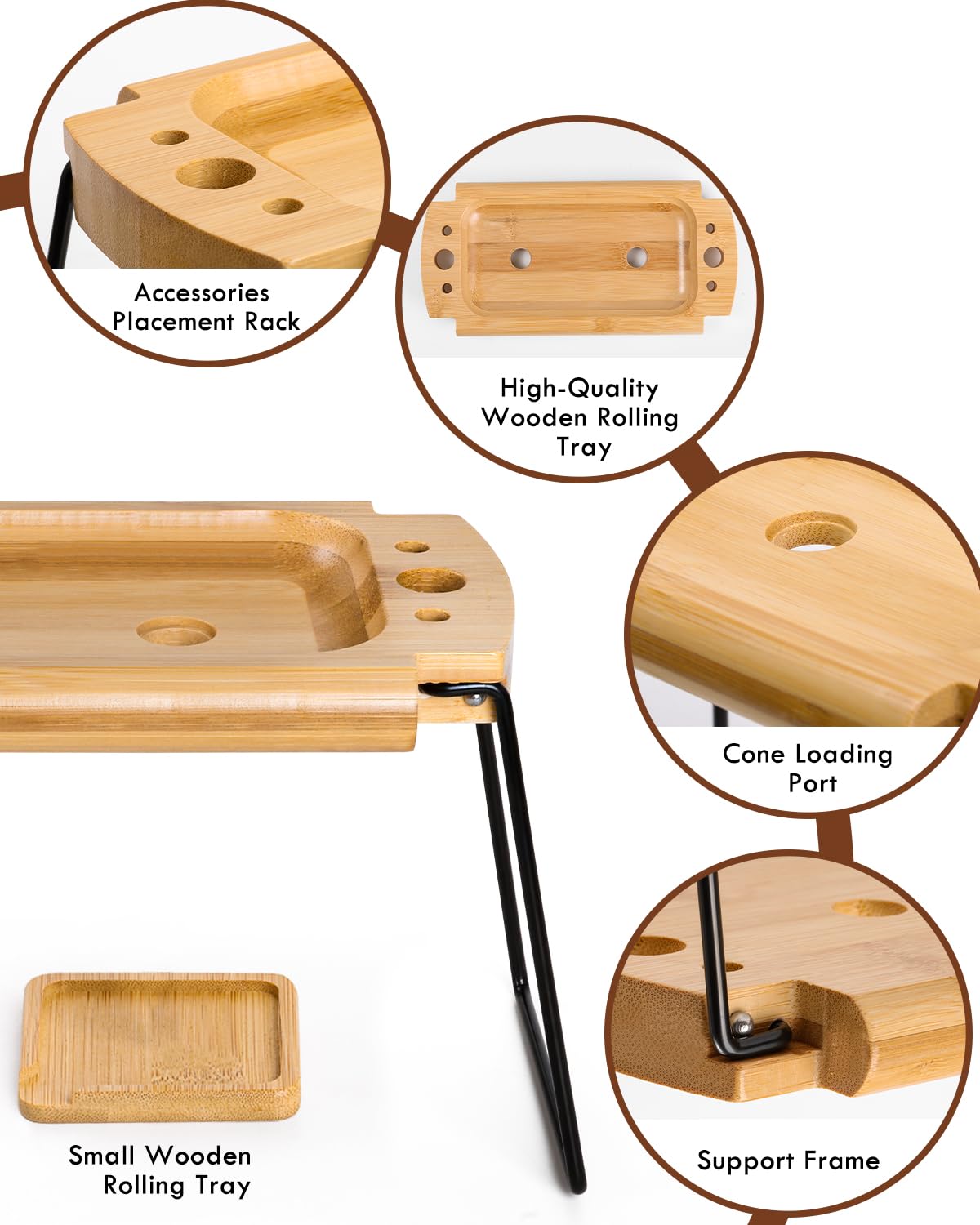 Foldable Wooden Rolling Tray Set with Cone Loader - Travel Smoking Kit for On-The-Go Use