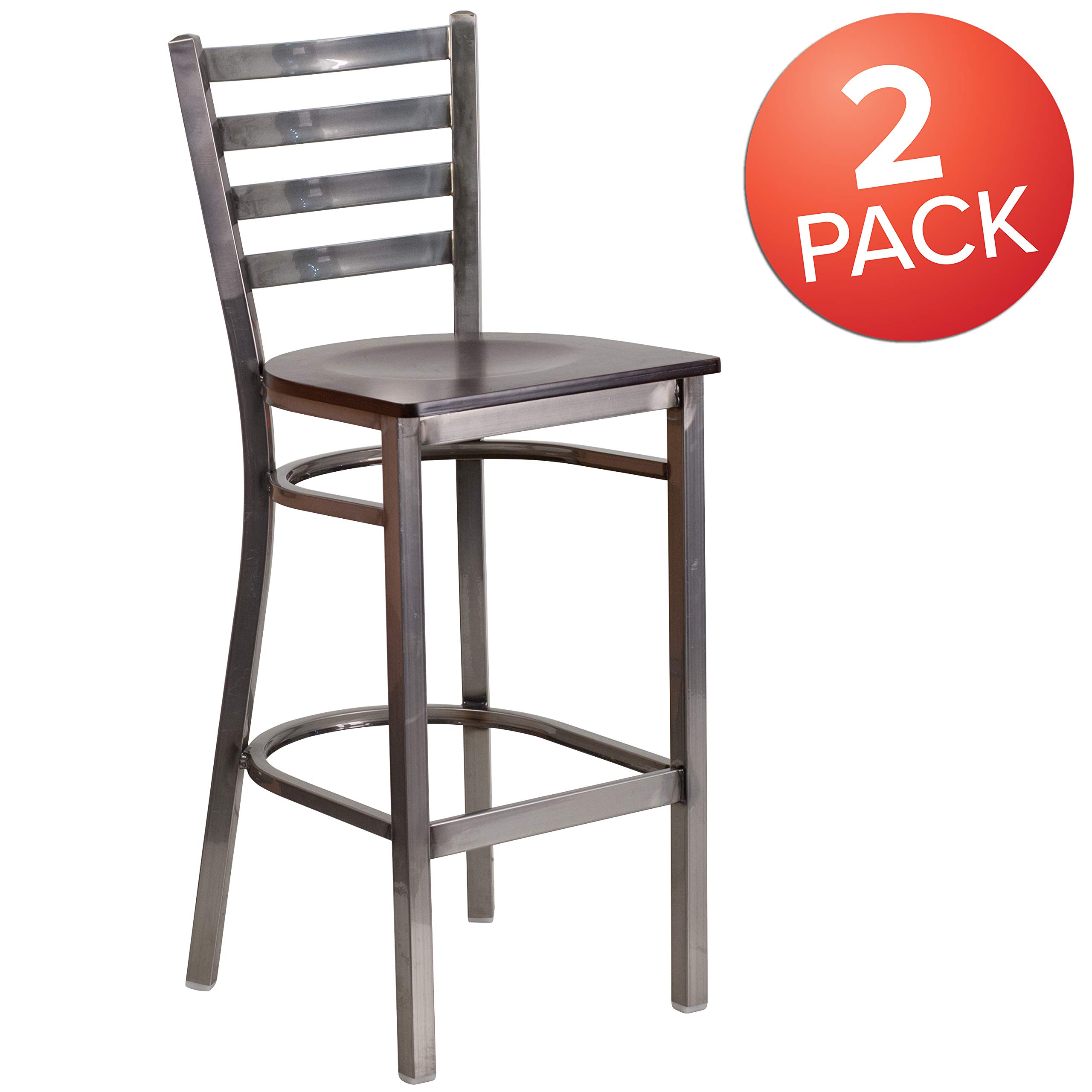 Flash Furniture 2-Pack HERCULES Series Clear Coated Ladder Back Metal Bar Stools with Walnut Wood Seat - Commercial Grade Restaurant & Home Bar Counter Stools for Kitchen Island, Pub, and Dining Room