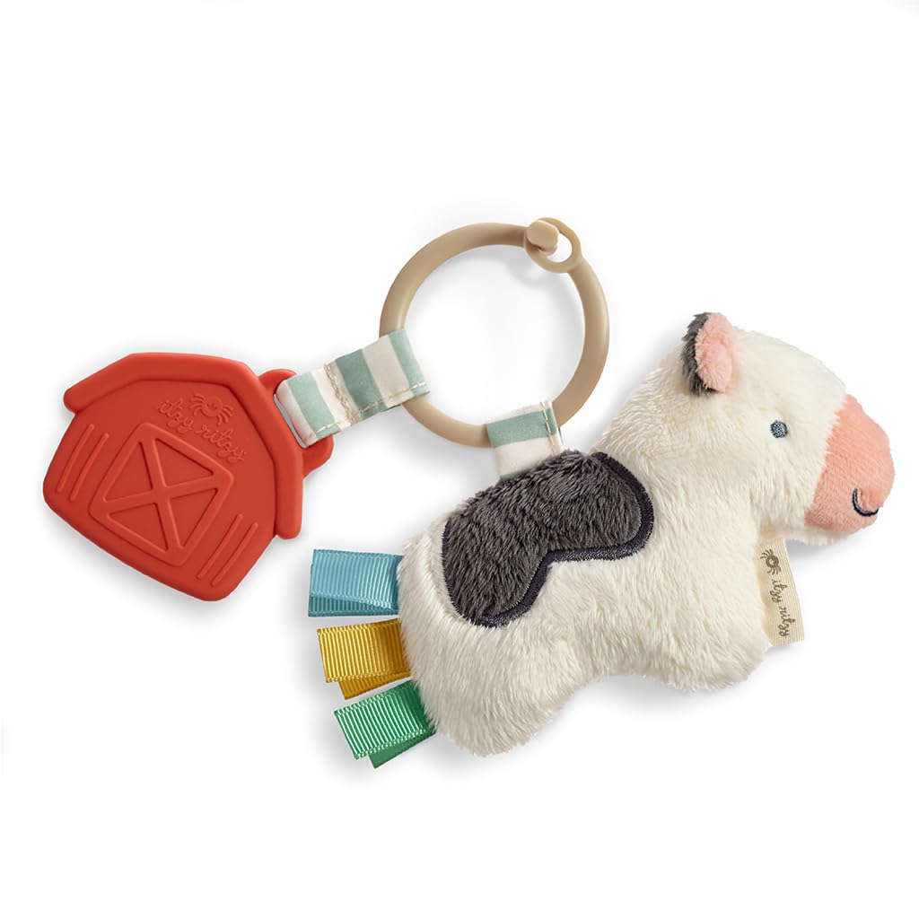 Itzy Ritzy Infant Teething Toy & Sensory Baby Toy - Soft Silicone Teether with Crinkle Sound, Textured Ribbons & Lovey for Newborns (Cow Design) - Perfect for Soothing Sore Gums & Early Sensory Development
