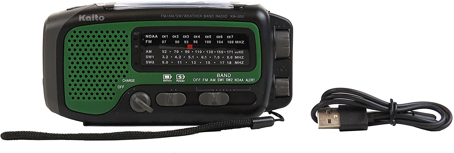 Kaito KA350 Voyager Trek Solar & Hand Crank AM/FM/SW NOAA Emergency Weather Radio with 5 LED Flashlight - Perfect for Camping, Hiking & Power Outages (Green)